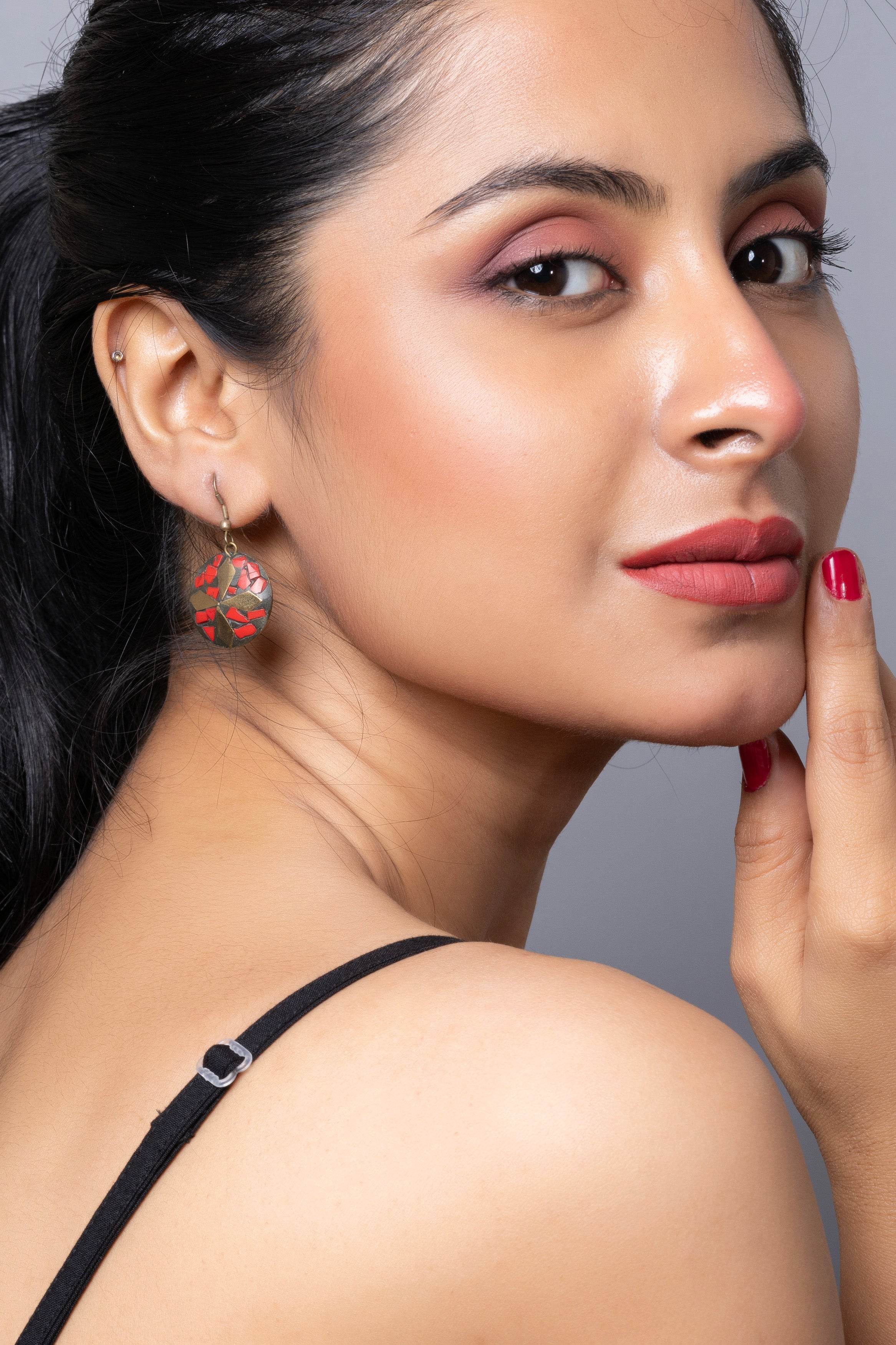 Red Black Brass Golden Tibetan Earring - Lookandadorn.com