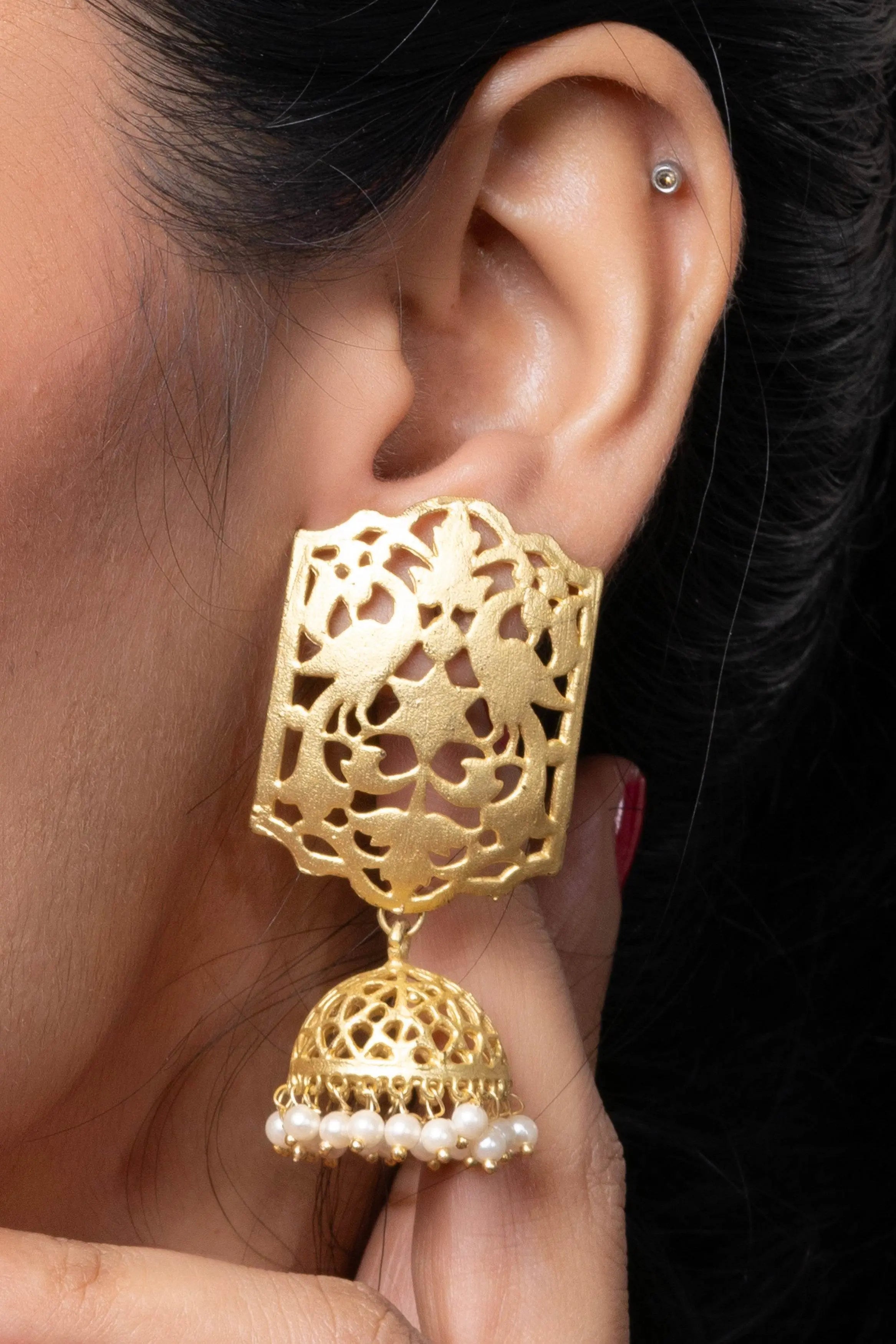 Designer Brass Jhumka Stud Earring in Golden Finish - Lookandadorn.com
