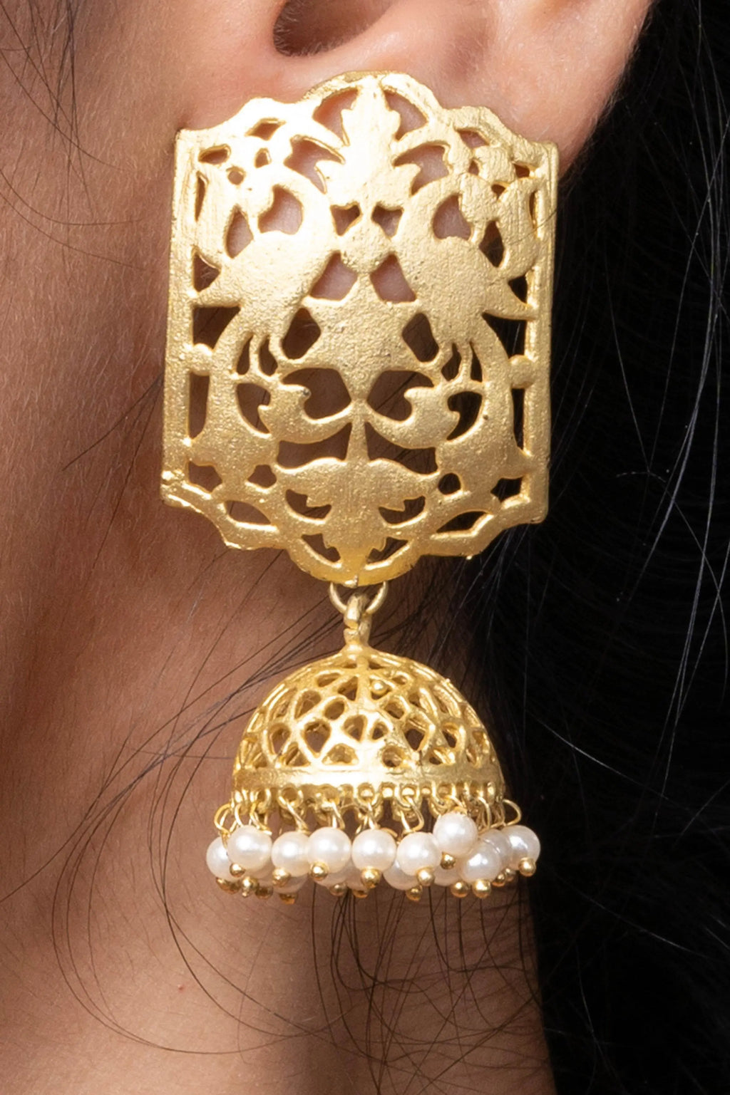 Designer Brass Jhumka Stud Earring in Golden Finish - Lookandadorn.com