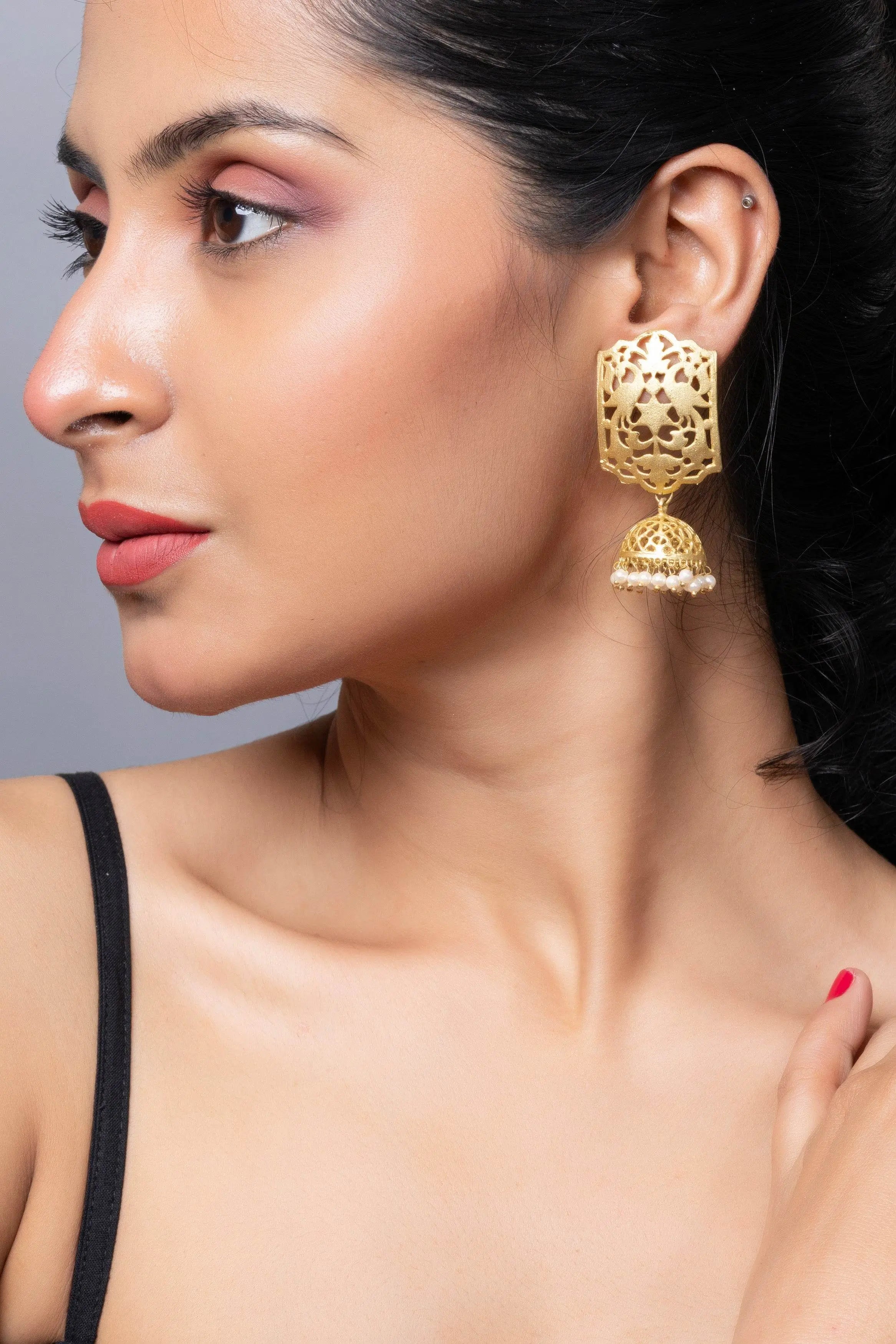 Designer Brass Jhumka Stud Earring in Golden Finish - Lookandadorn.com