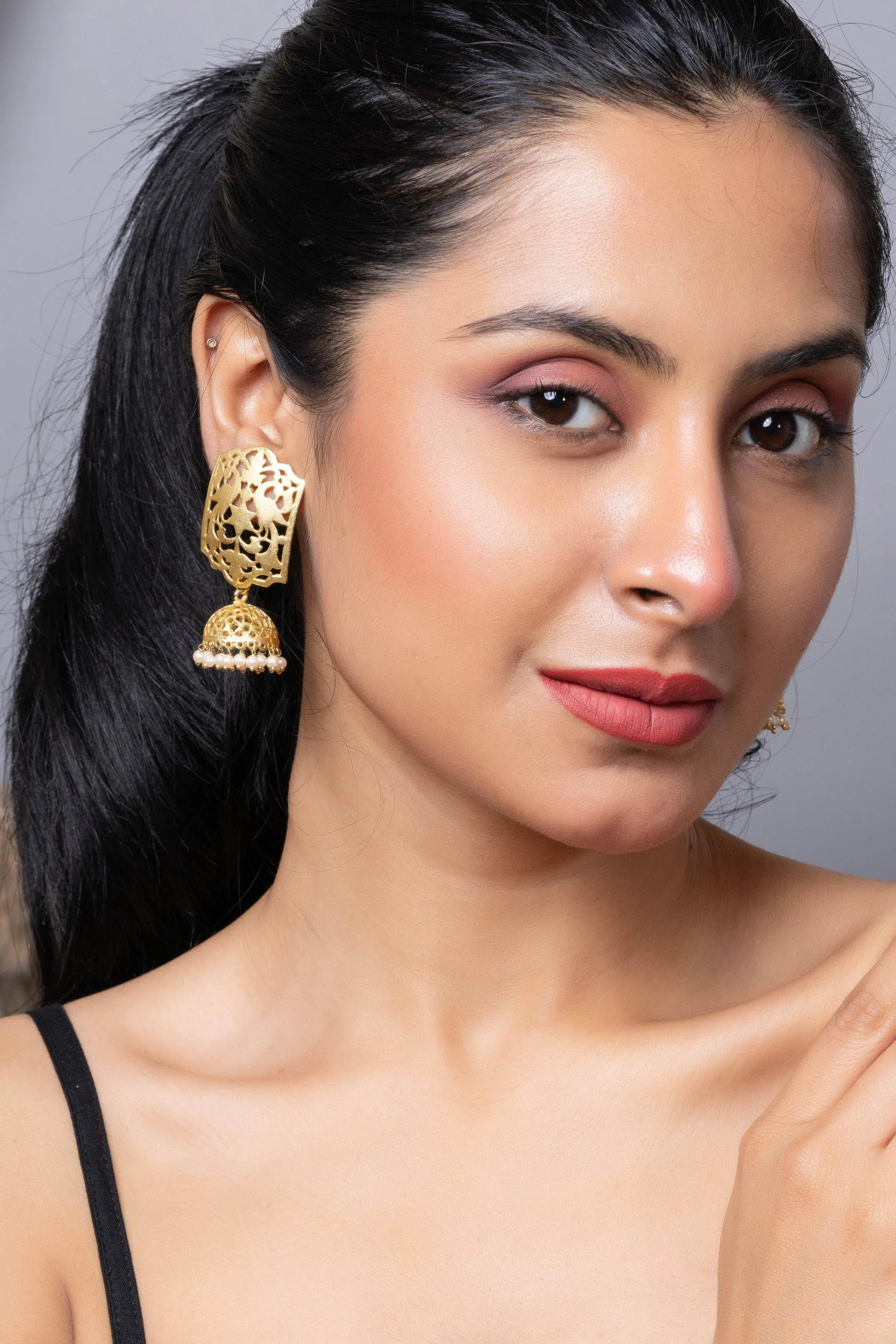 Designer Brass Jhumka Stud Earring in Golden Finish - Lookandadorn.com