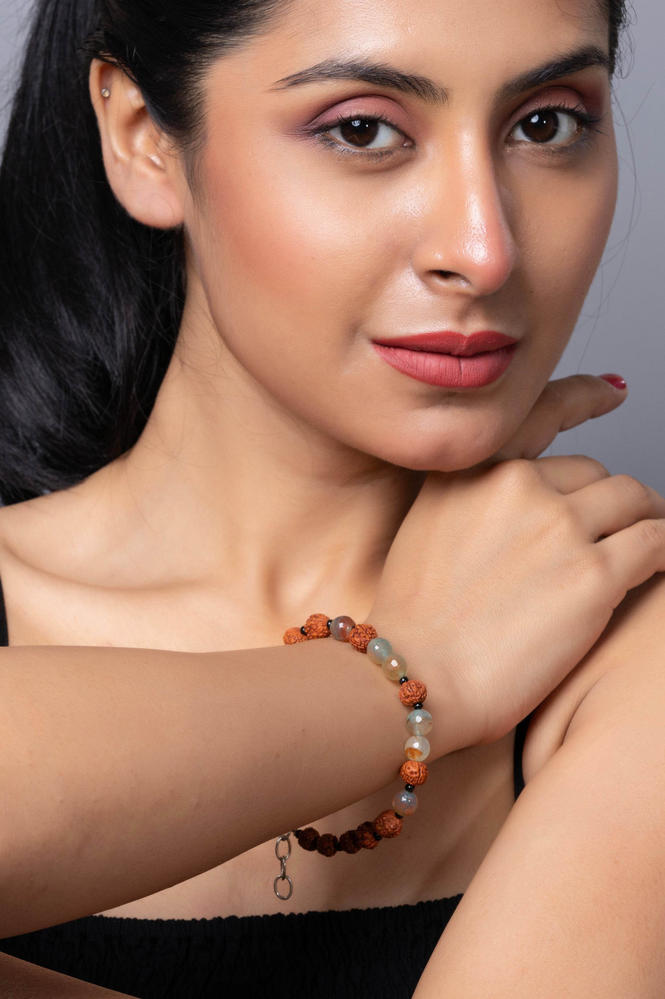 Handmade Rudraksh Bracelet with Semi Precious Aqua Jasper for Elegant Everyday Wear - Lookandadorn.com
