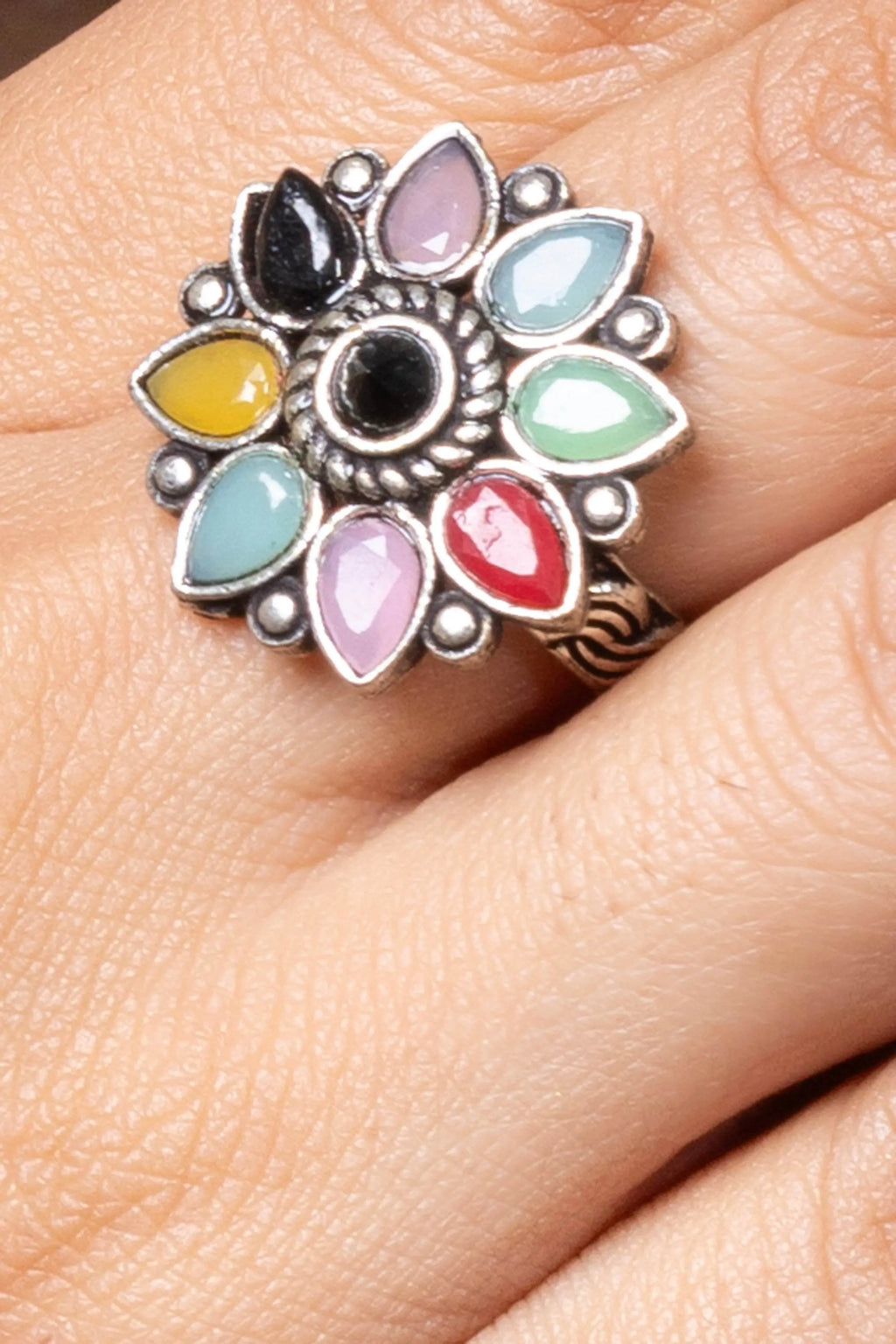 Multicolor Stone Oxidized Silver Chain Pendant Earring Finger Ring Jewellery Set - Lookandadorn.com