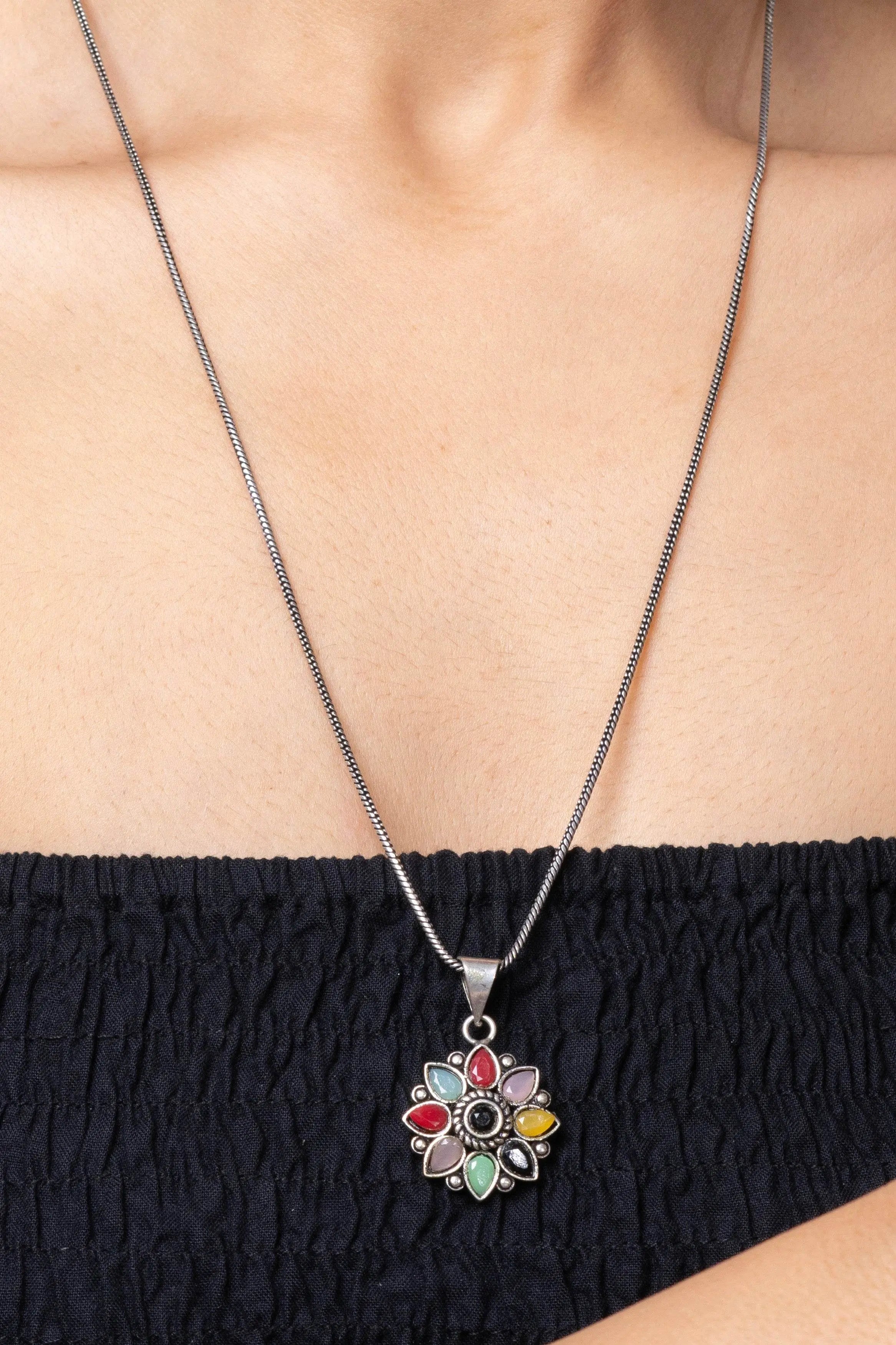Multicolor Stone Oxidized Silver Chain Pendant Earring Finger Ring Jewellery Set - Lookandadorn.com
