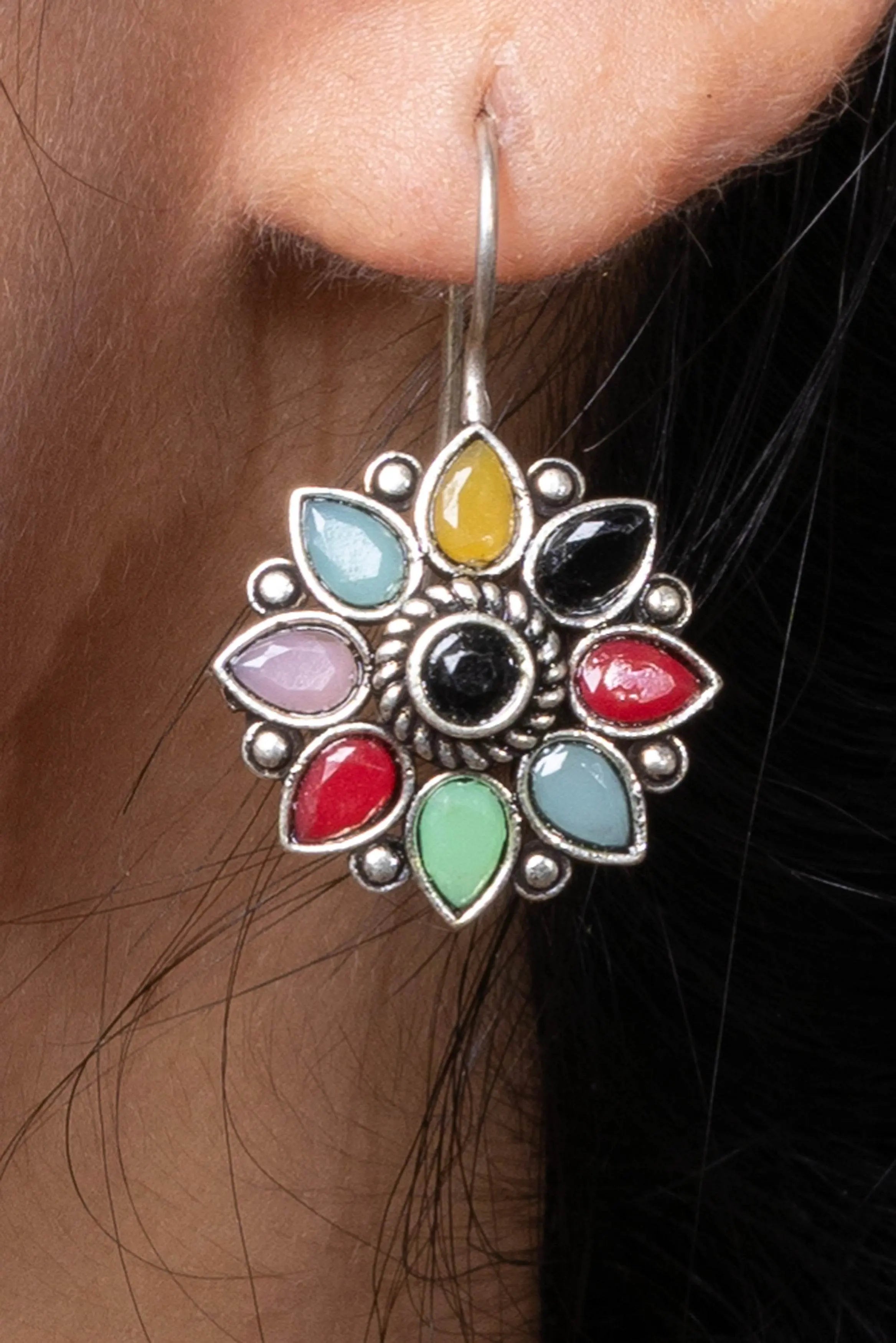 Multicolor Stone Oxidized Silver Chain Pendant Earring Finger Ring Jewellery Set - Lookandadorn.com