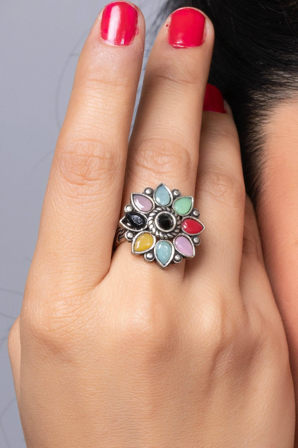 Multicolor Stone Oxidized Silver Chain Pendant Earring Finger Ring Jewellery Set - Lookandadorn.com