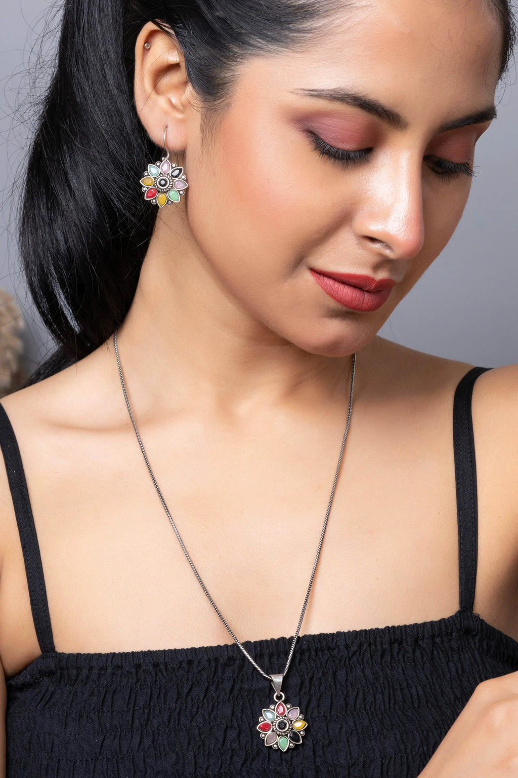 Multicolor Stone Oxidized Silver Chain Pendant Earring Finger Ring Jewellery Set - Lookandadorn.com
