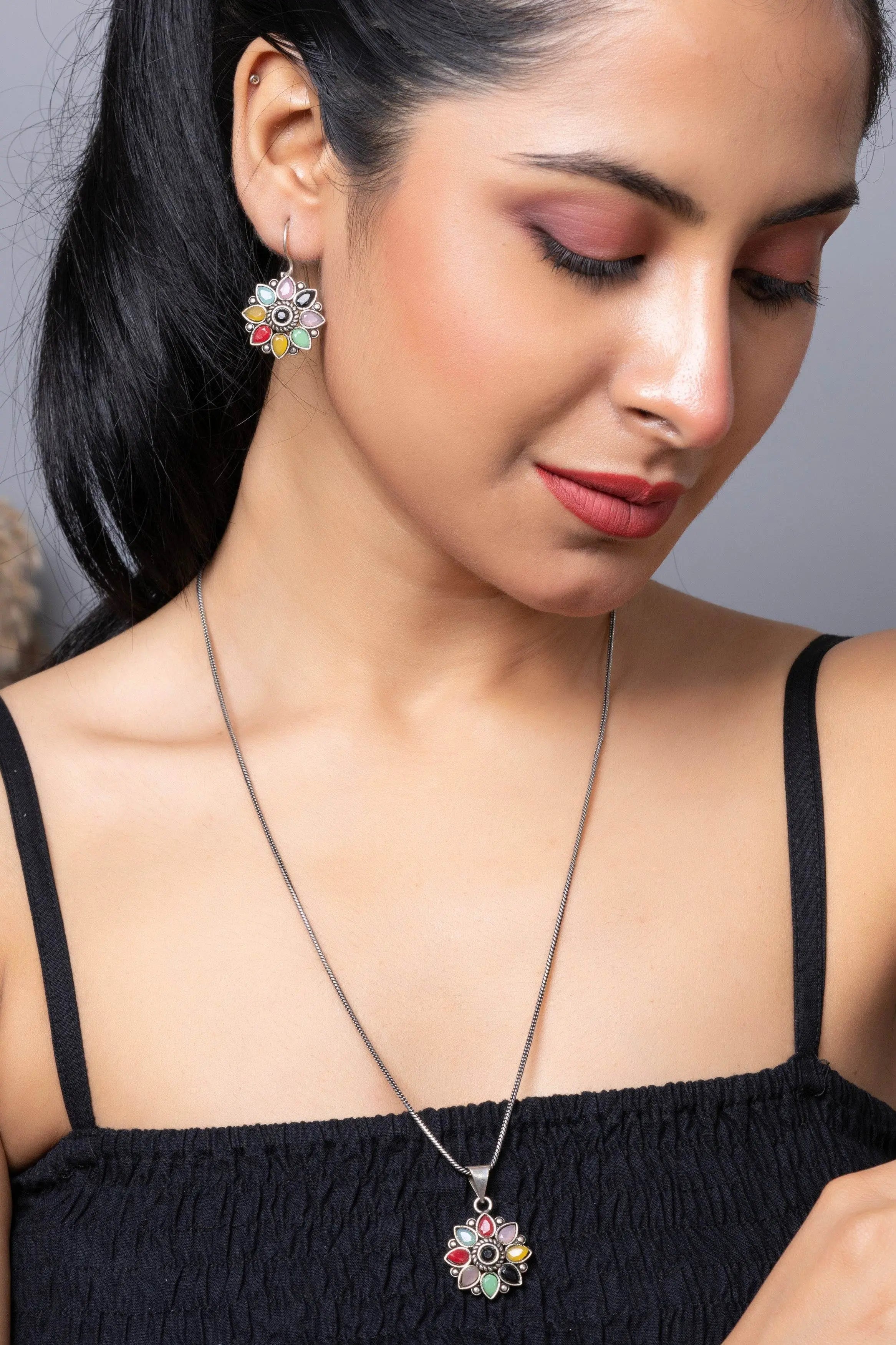 Multicolor Stone Oxidized Silver Chain Pendant Earring Finger Ring Jewellery Set - Lookandadorn.com