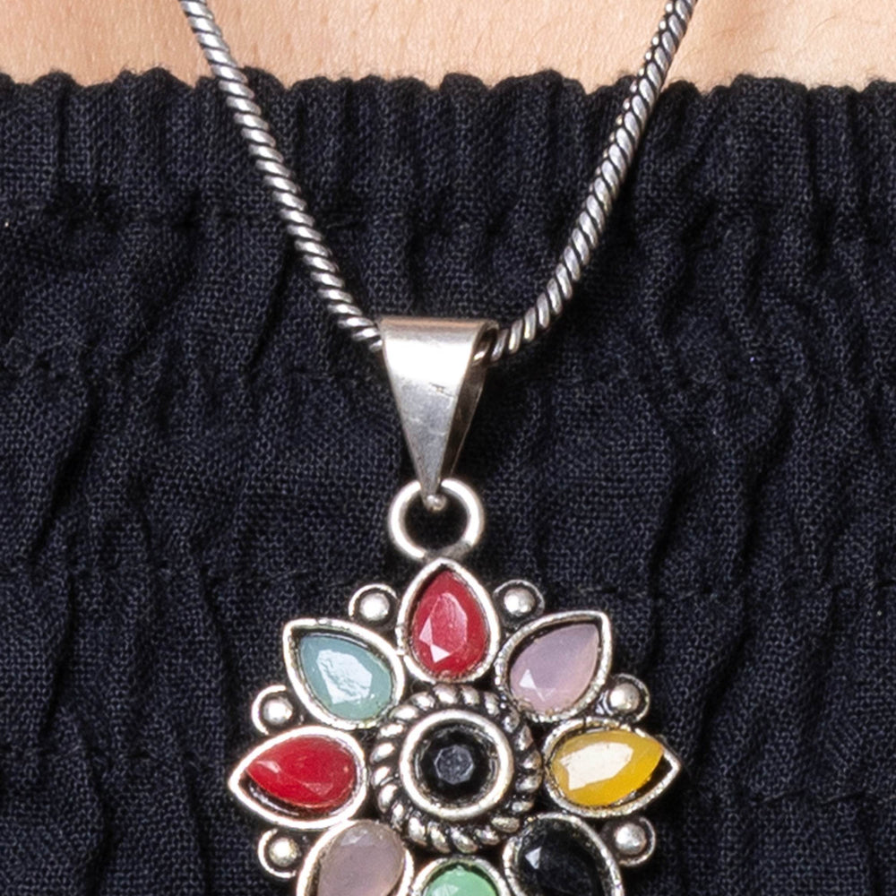 Multicolor Stone Oxidized Silver Chain Pendant Earring Finger Ring Jewellery Set - Lookandadorn.com