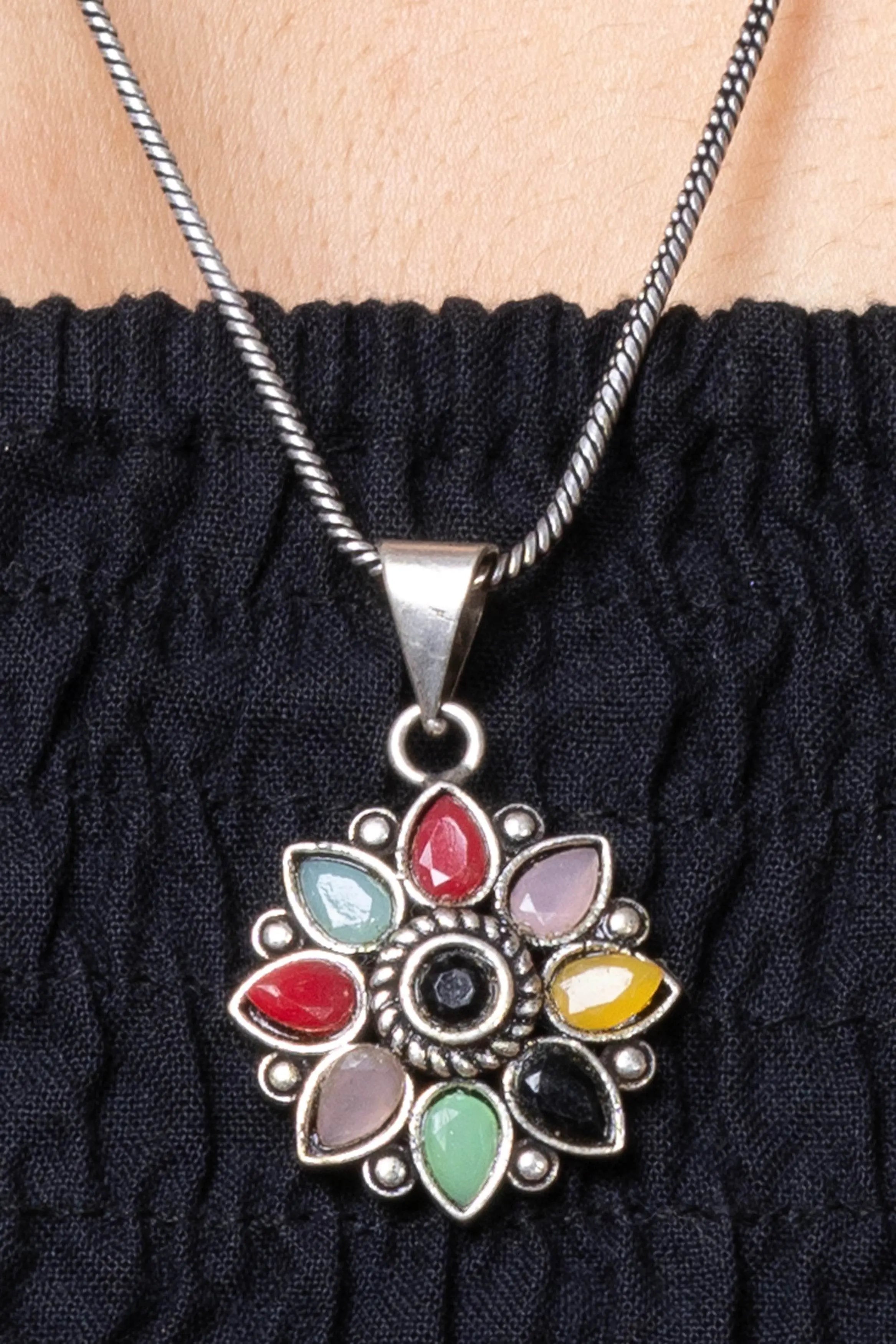 Multicolor Stone Oxidized Silver Chain Pendant Earring Finger Ring Jewellery Set - Lookandadorn.com
