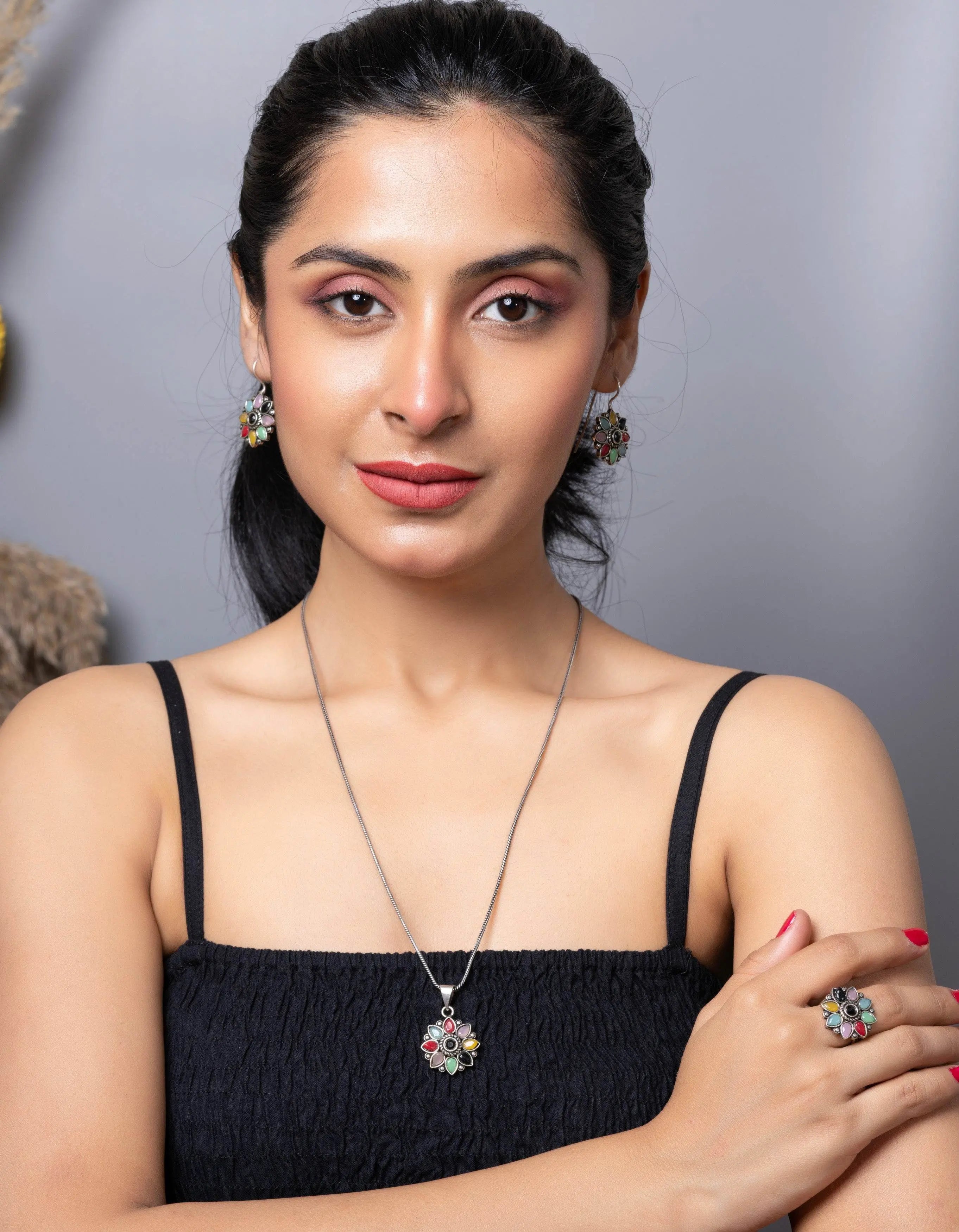 Multicolor Stone Oxidized Silver Chain Pendant Earring Finger Ring Jewellery Set - Lookandadorn.com
