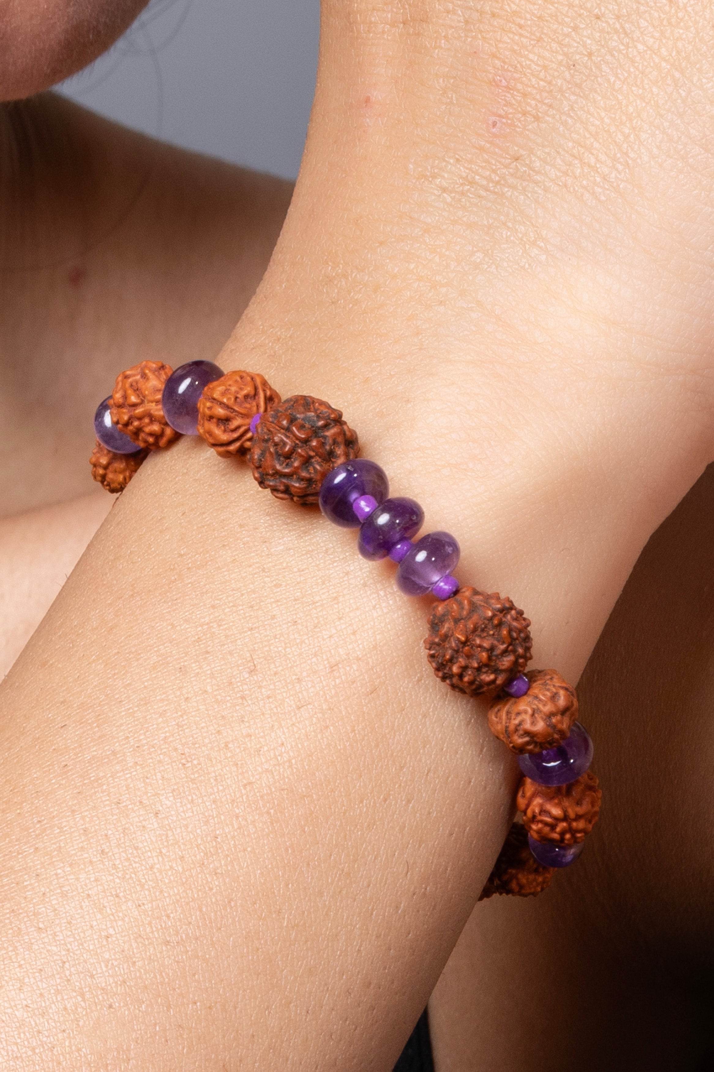 Handmade Rudraksh Bracelet with Semi Precious Purple Amethyst for Elegant Everyday Wear - Lookandadorn.com