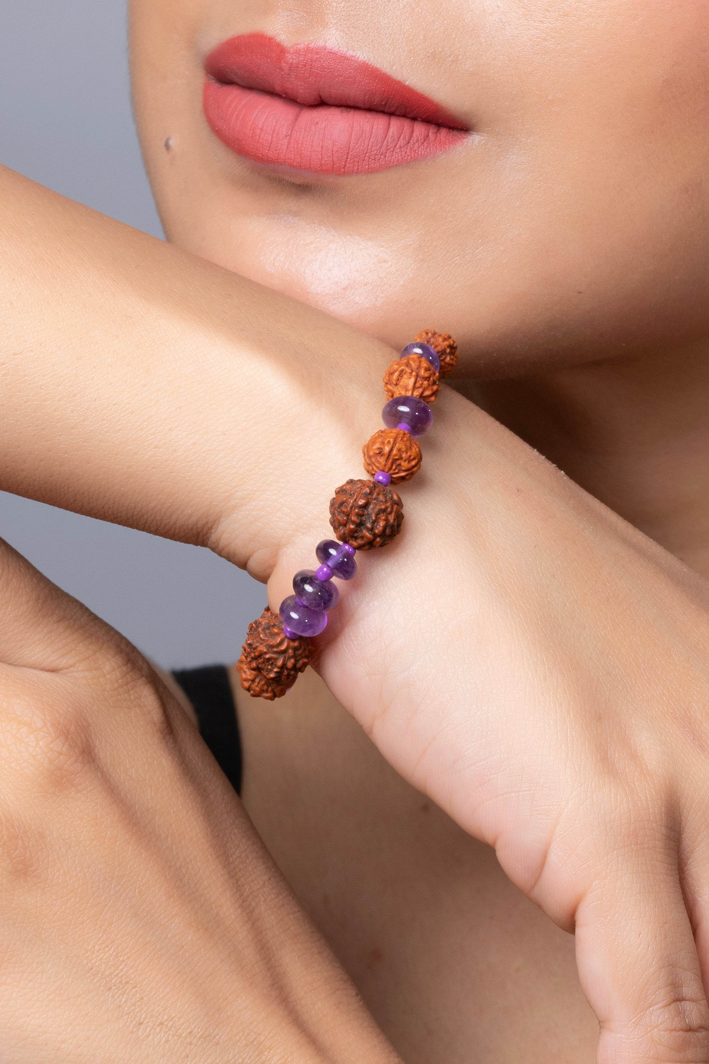 Handmade Rudraksh Bracelet with Semi Precious Purple Amethyst for Elegant Everyday Wear - Lookandadorn.com