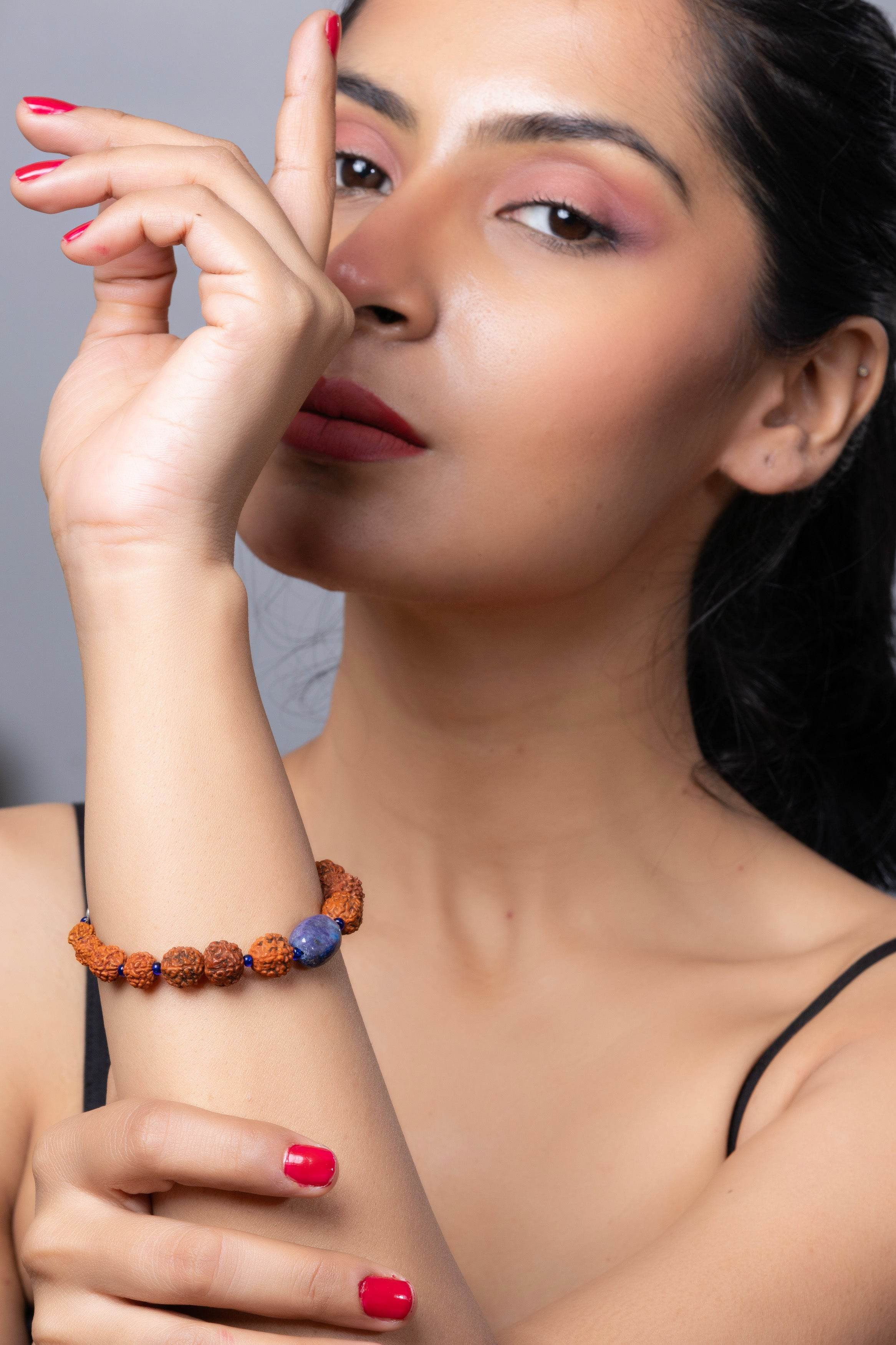 Handmade Rudraksh Bracelet with Semi Precious Blue Lapis Lazuli for Elegant Everyday Wear - Lookandadorn.com