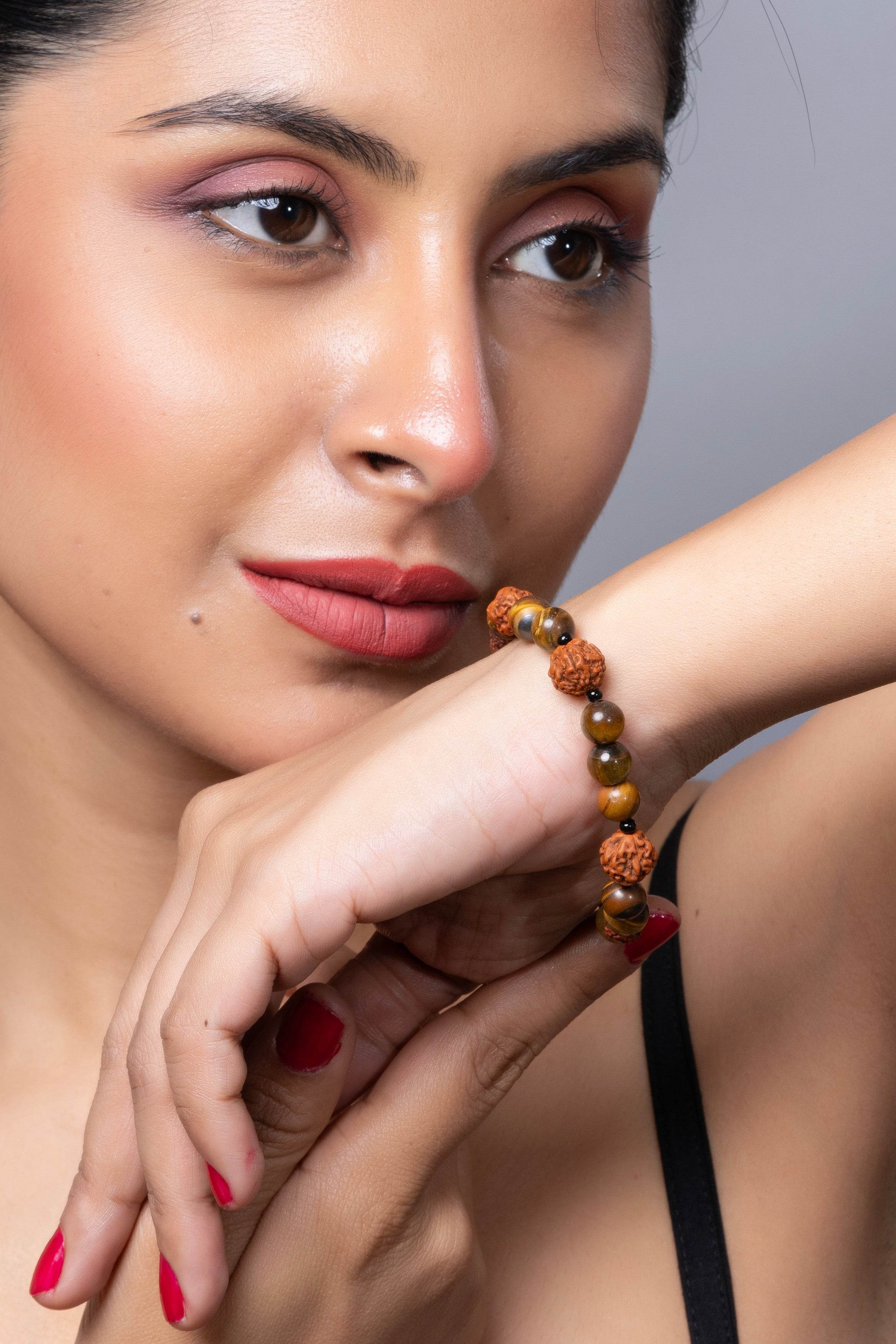 Handmade Rudraksh Bracelet with Semi Precious Brown Tiger's Eye for Unisex - Lookandadorn.com