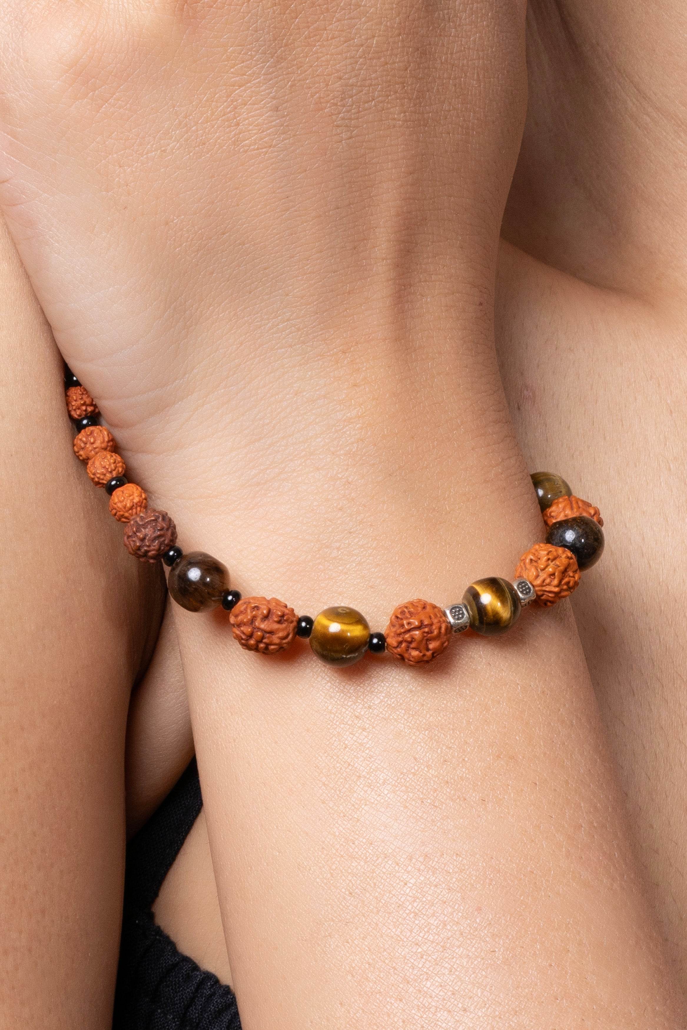 Handmade Rudraksh Bracelet with Semi Precious Golden Brown Tiger's Eye Unisex Design - Lookandadorn.com