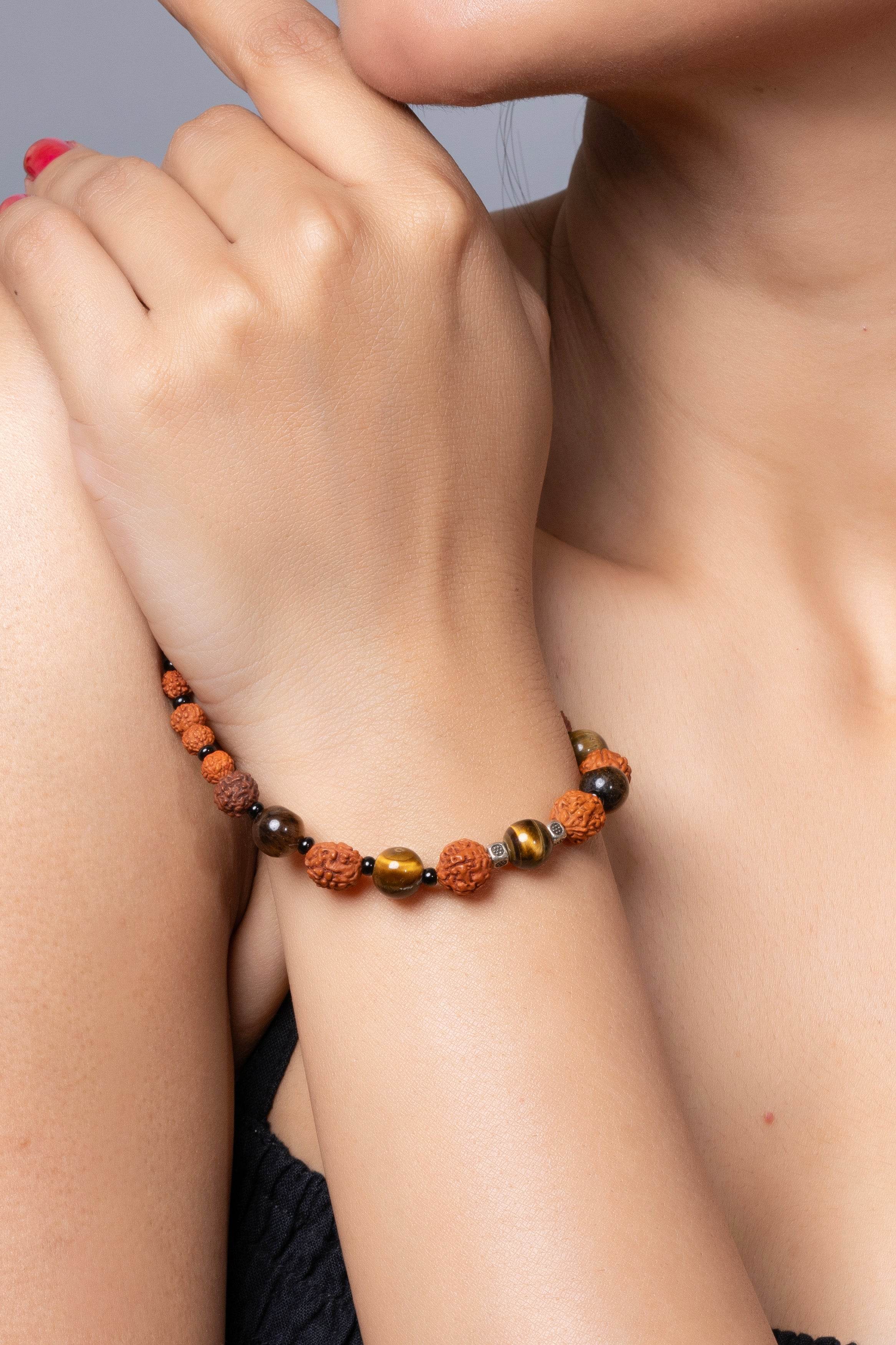 Handmade Rudraksh Bracelet with Semi Precious Golden Brown Tiger's Eye Unisex Design - Lookandadorn.com