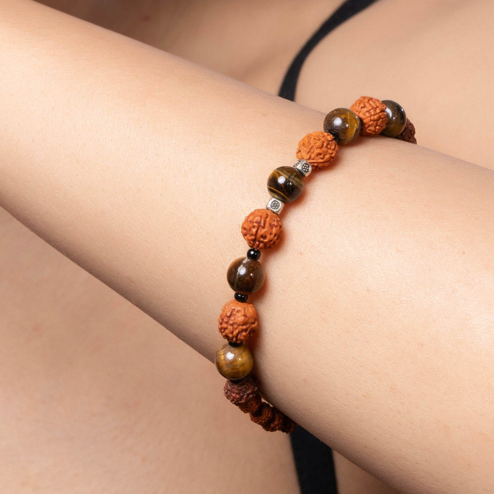 Handmade Rudraksh Bracelet with Semi Precious Golden Brown Tiger's Eye Unisex Design - Lookandadorn.com