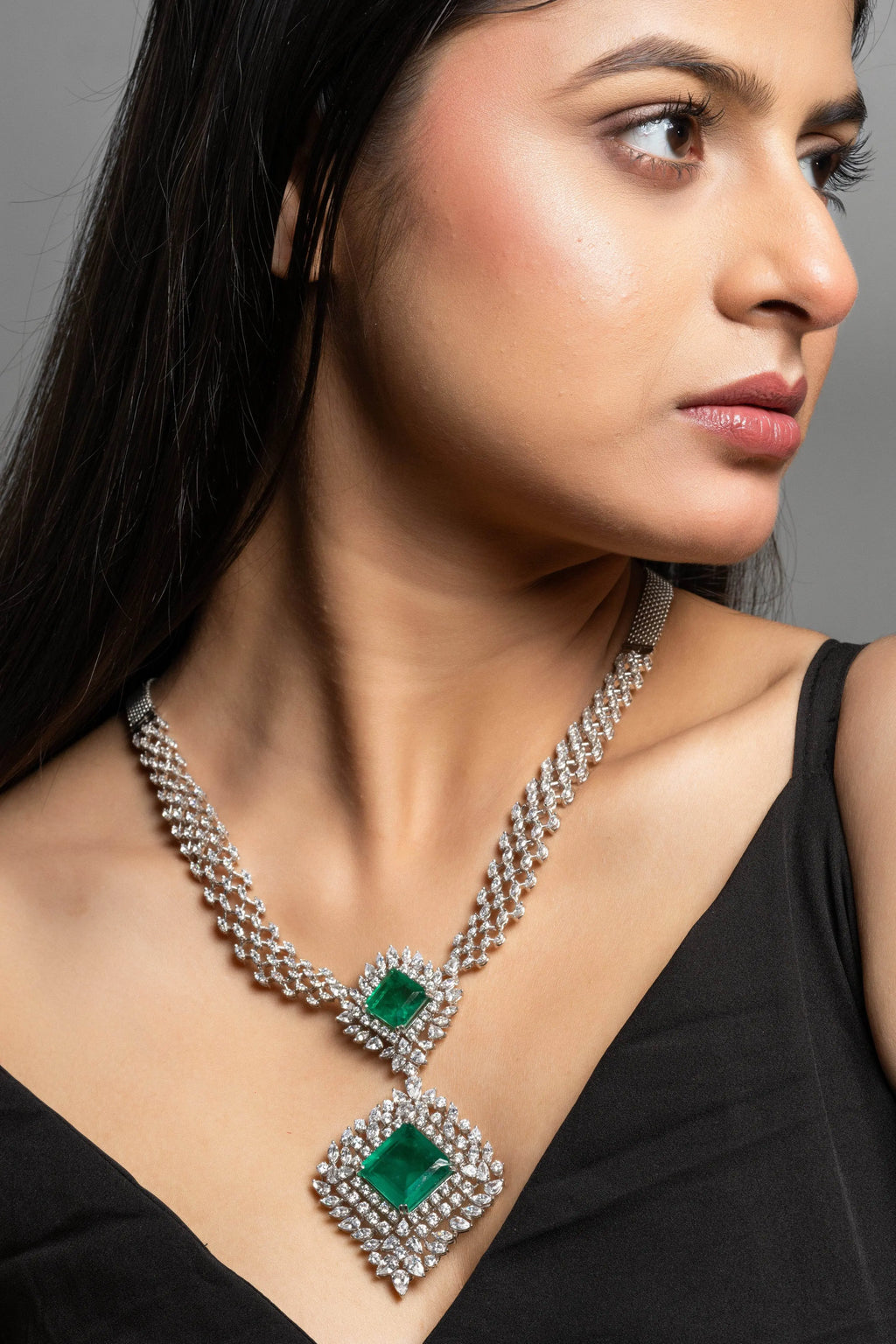 Designer Green Doublet American Diamond Sterling Silver Necklace - Lookandadorn.com