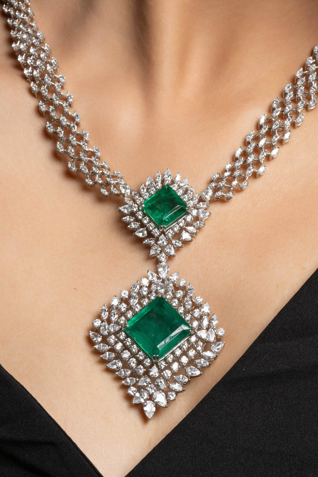 Designer Green Doublet American Diamond Sterling Silver Necklace - Lookandadorn.com
