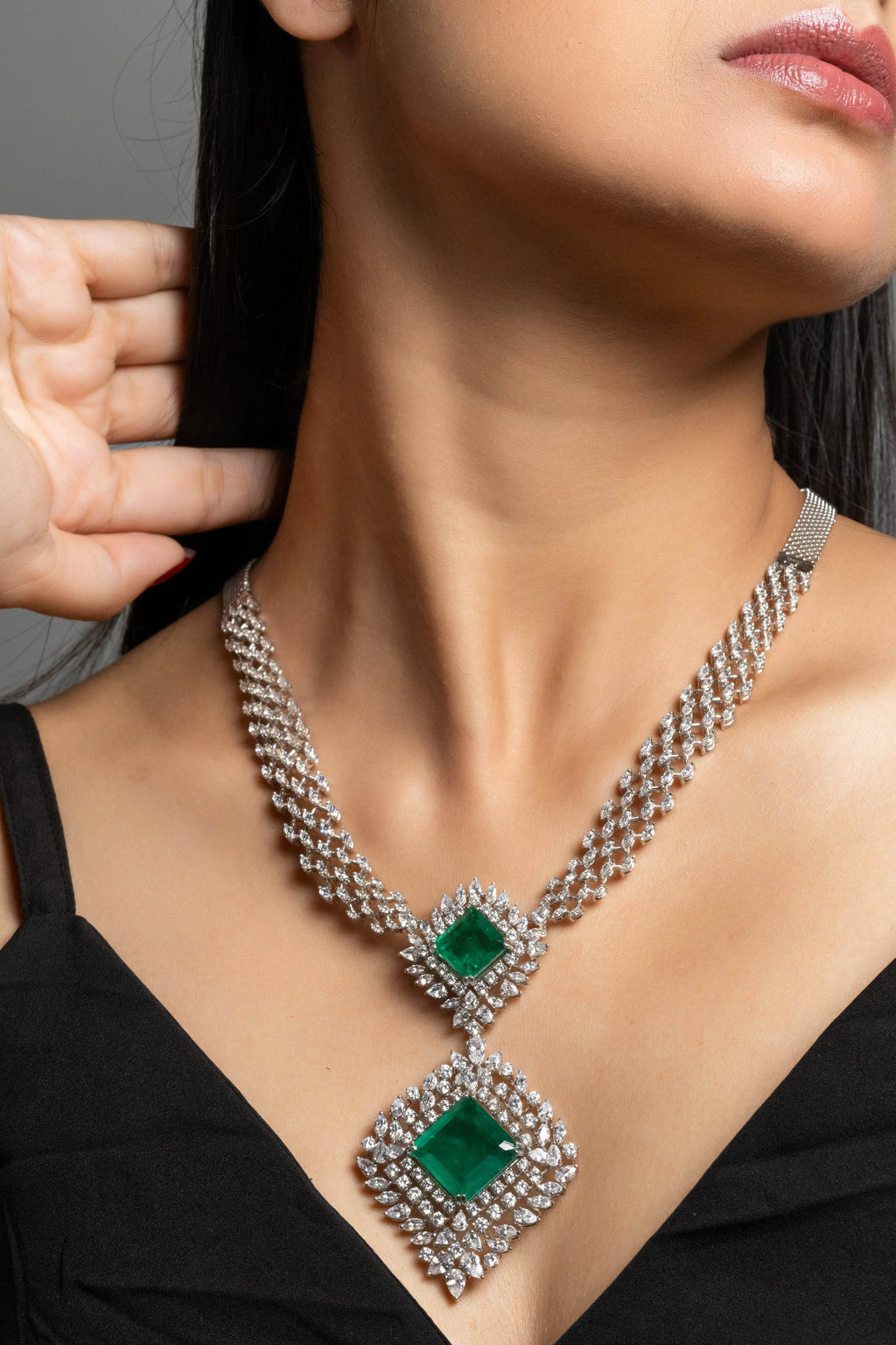 Designer Green Doublet American Diamond Sterling Silver Necklace - Lookandadorn.com