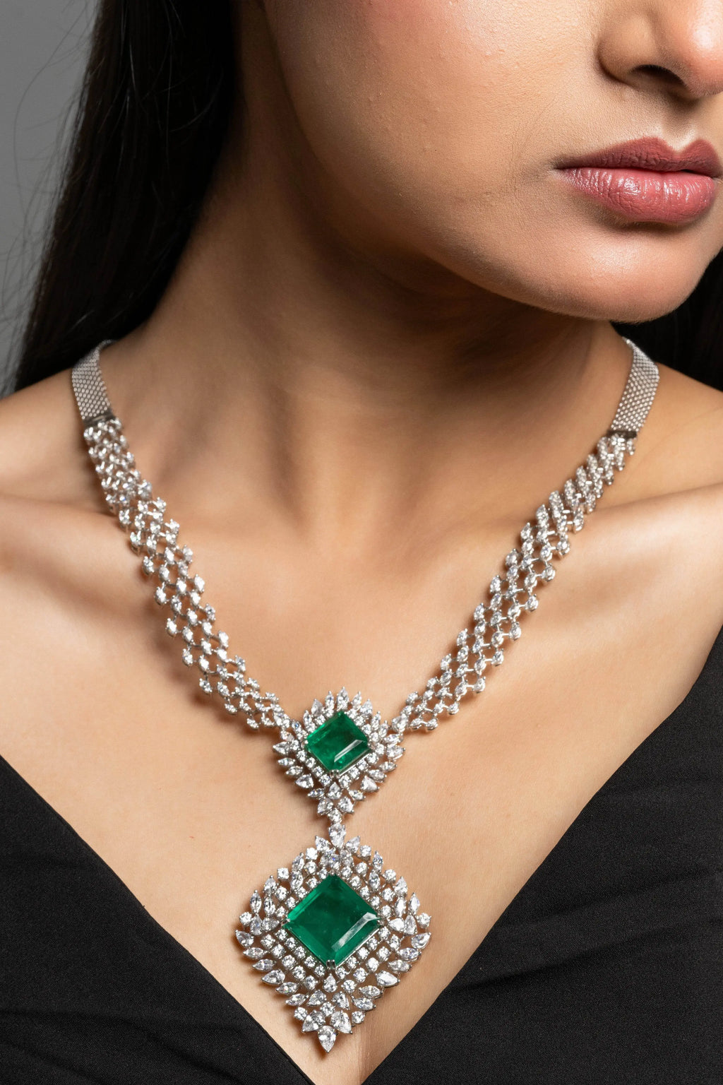 Designer Green Doublet American Diamond Sterling Silver Necklace - Lookandadorn.com