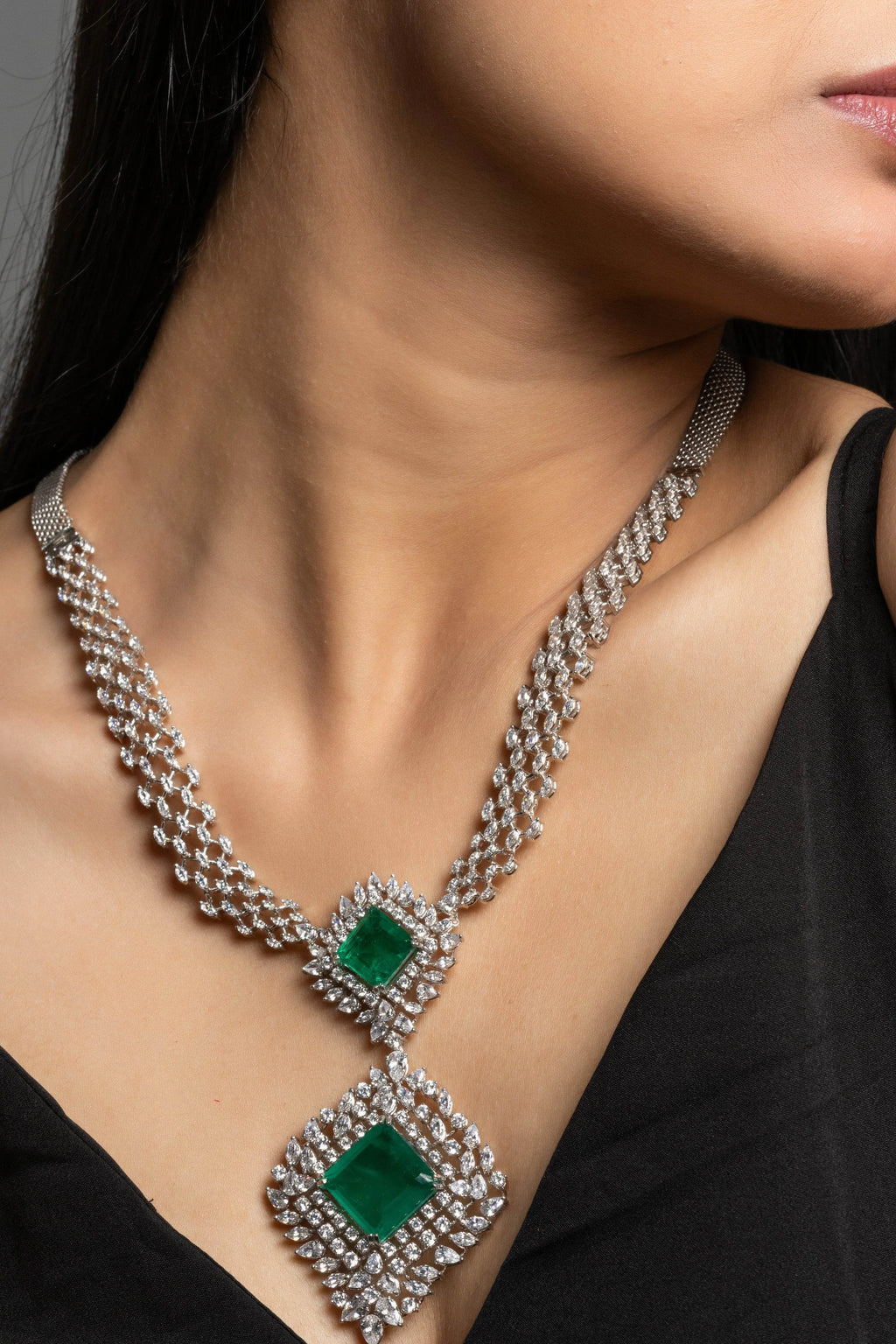 Designer Green Doublet American Diamond Sterling Silver Necklace - Lookandadorn.com