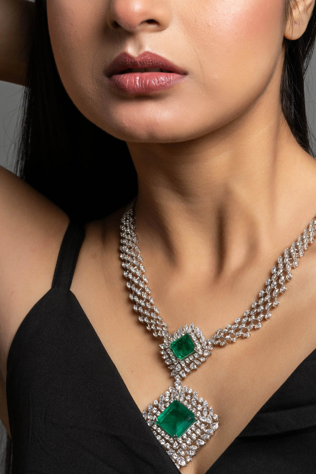 Designer Green Doublet American Diamond Sterling Silver Necklace - Lookandadorn.com