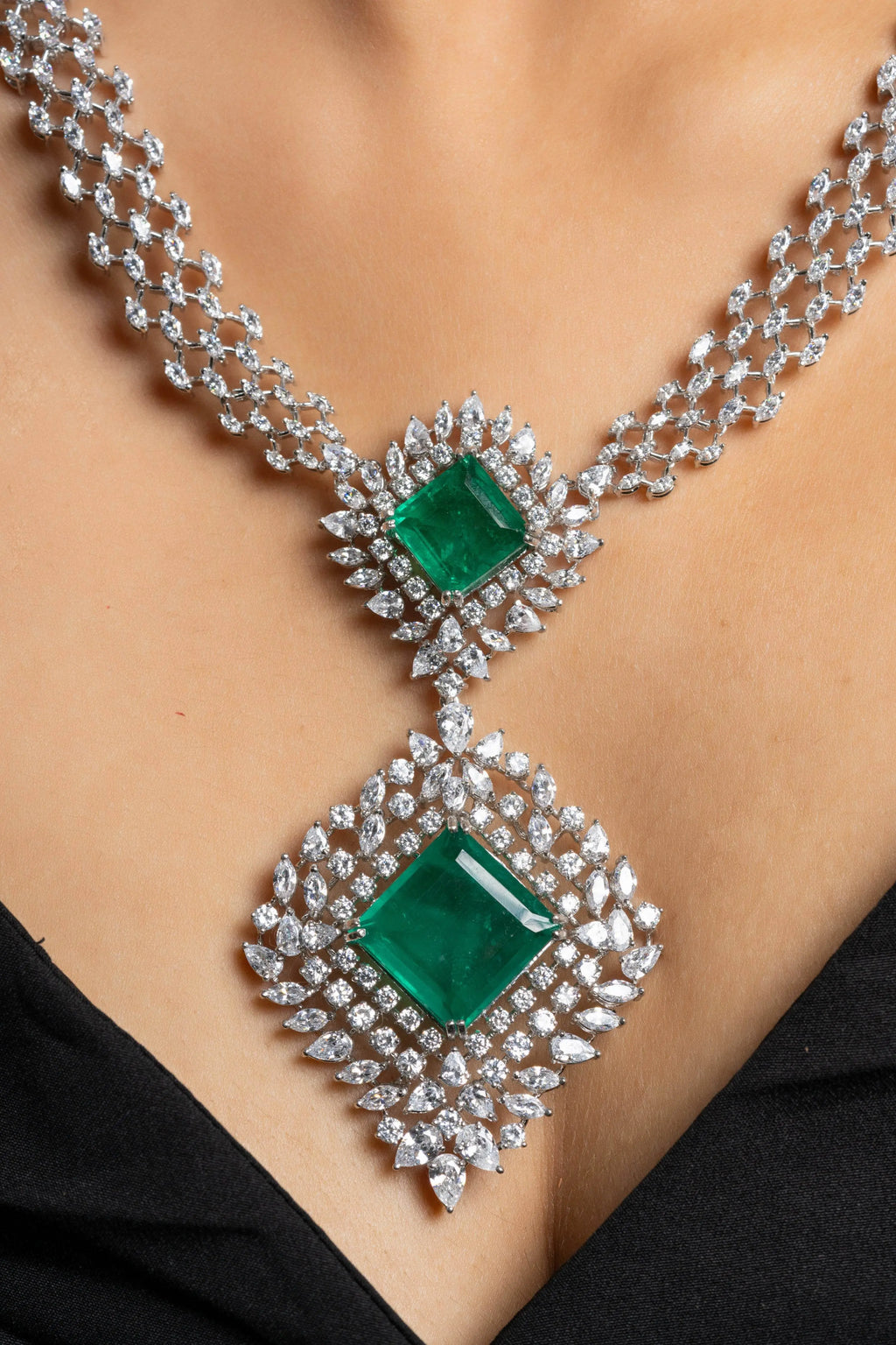 Designer Green Doublet American Diamond Sterling Silver Necklace - Lookandadorn.com