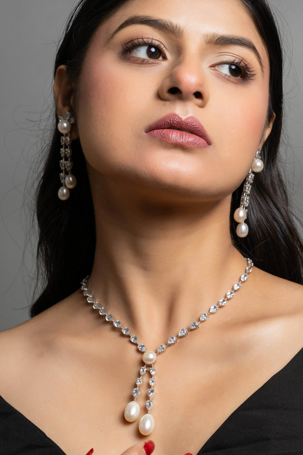 American Diamond with Pearl Drop Sterling Silver Necklace & Earrings Set - Lookandadorn.com