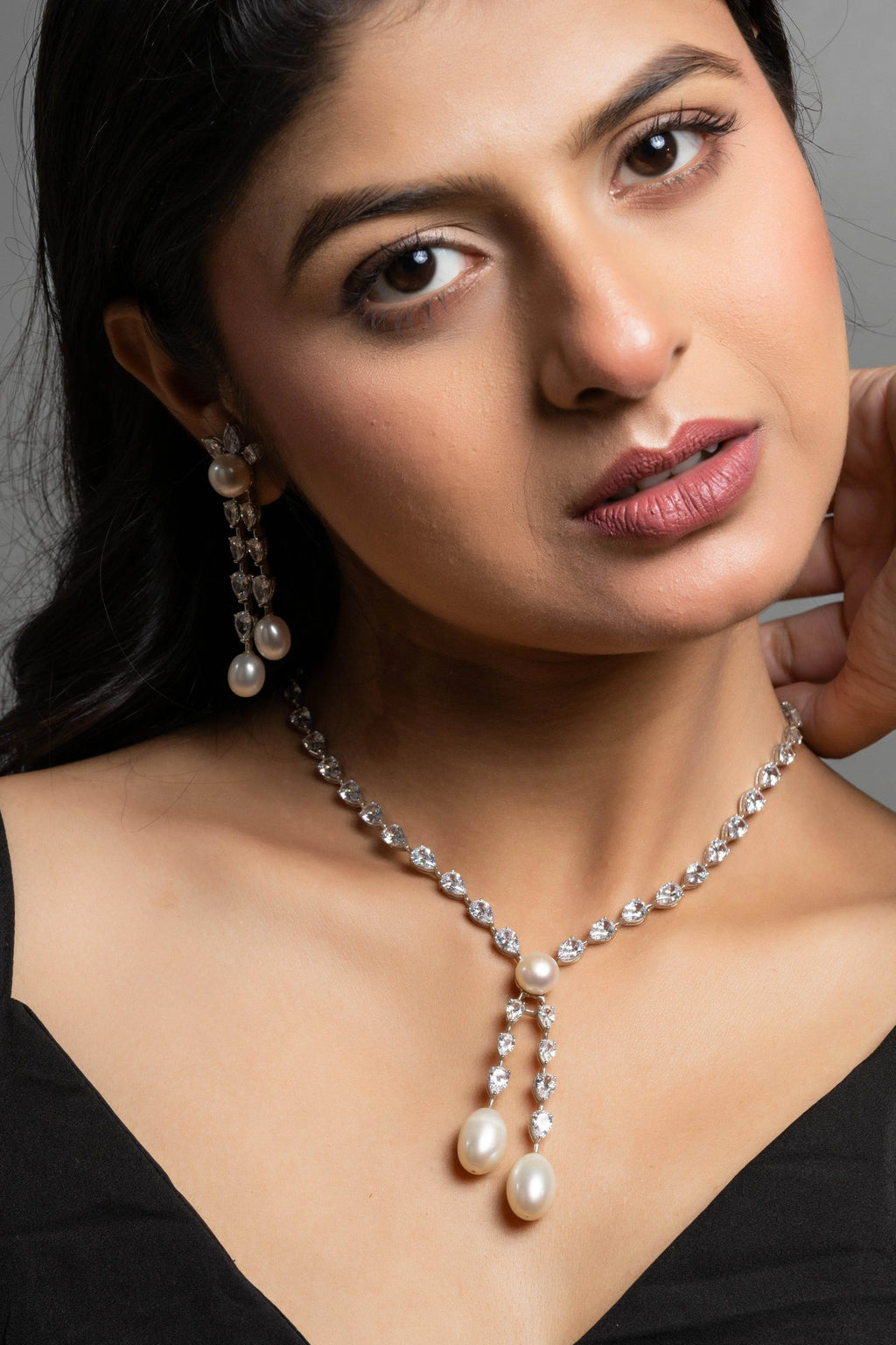 American Diamond with Pearl Drop Sterling Silver Necklace & Earrings Set - Lookandadorn.com
