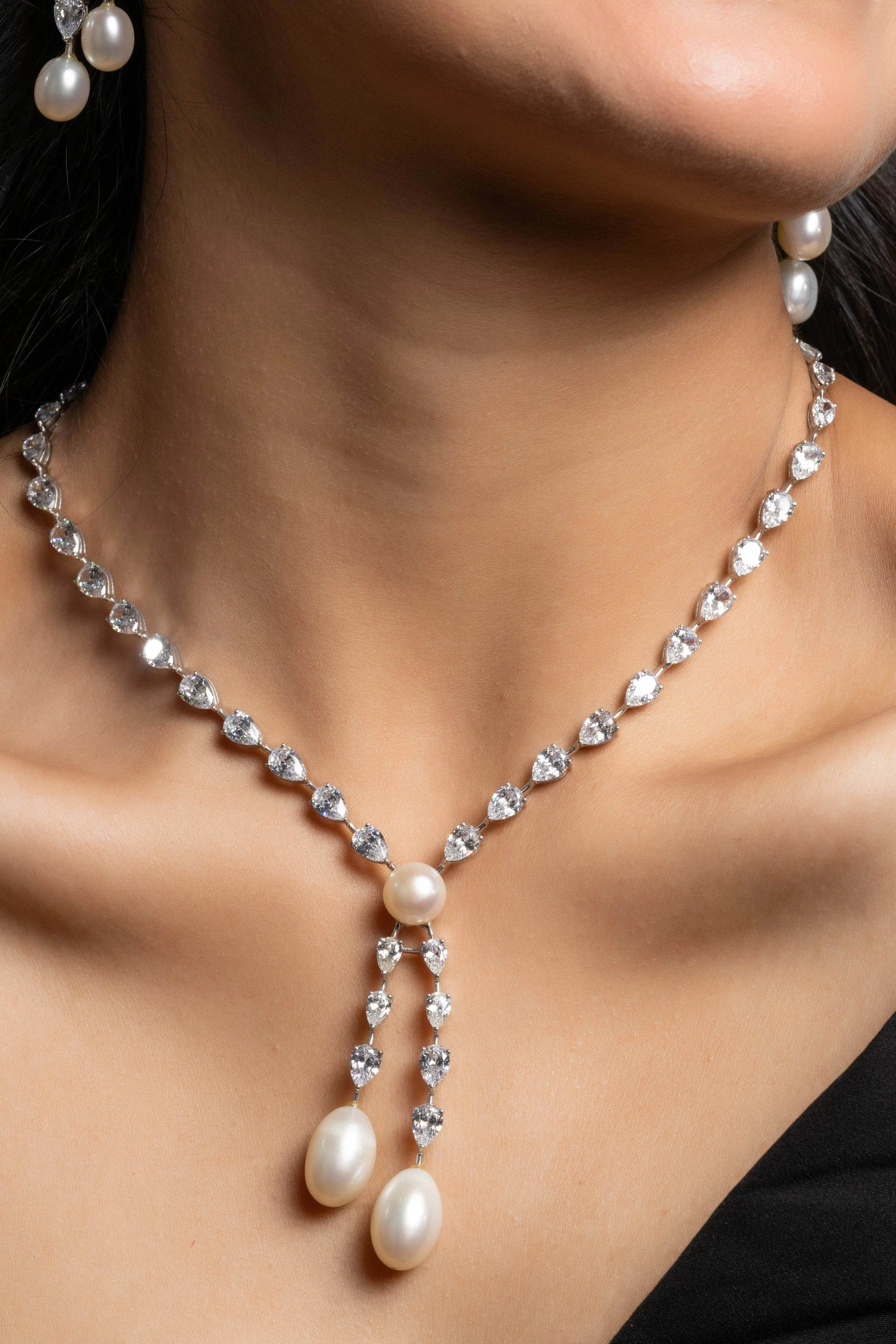 American Diamond with Pearl Drop Sterling Silver Necklace & Earrings Set - Lookandadorn.com