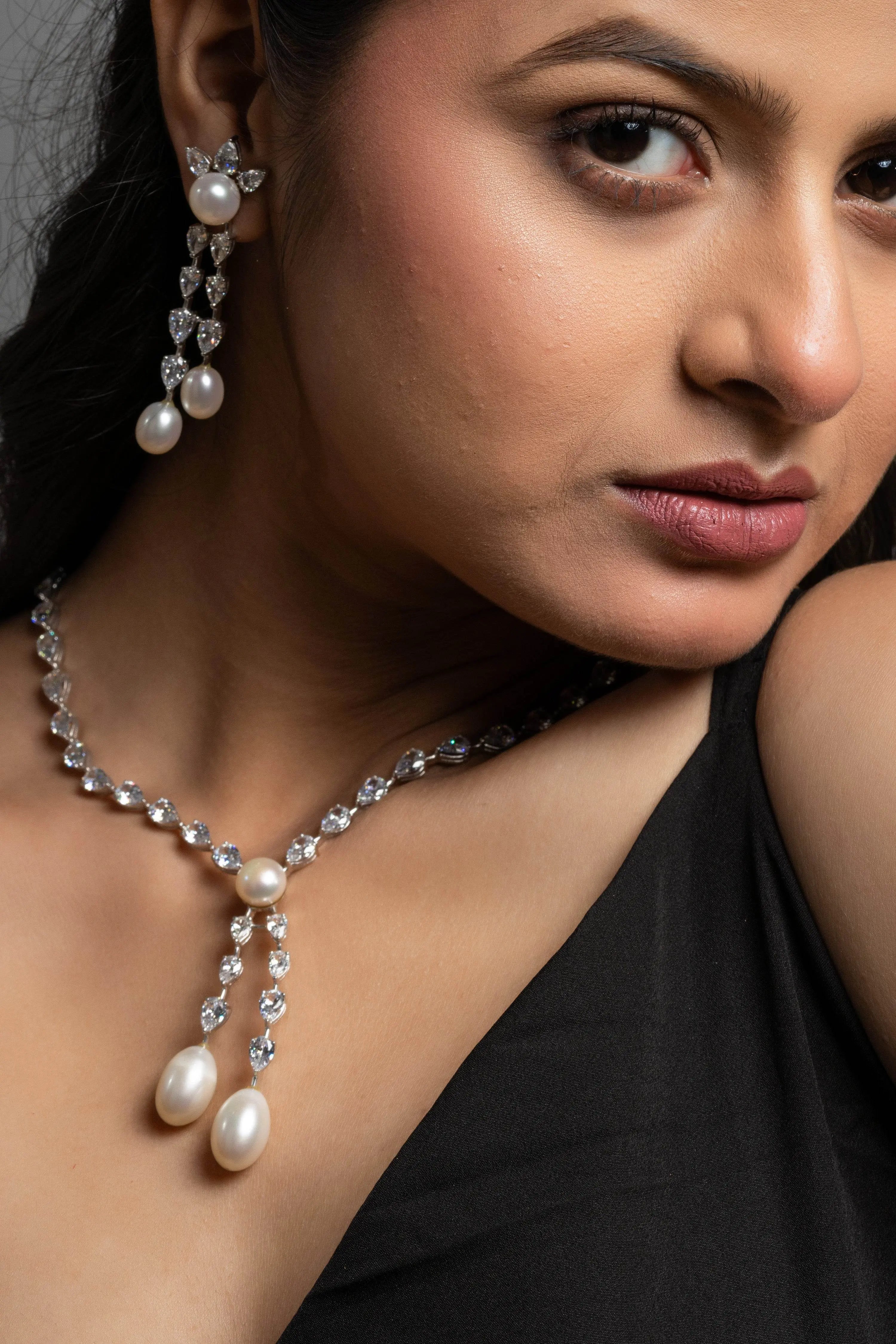 American Diamond with Pearl Drop Sterling Silver Necklace & Earrings Set - Lookandadorn.com