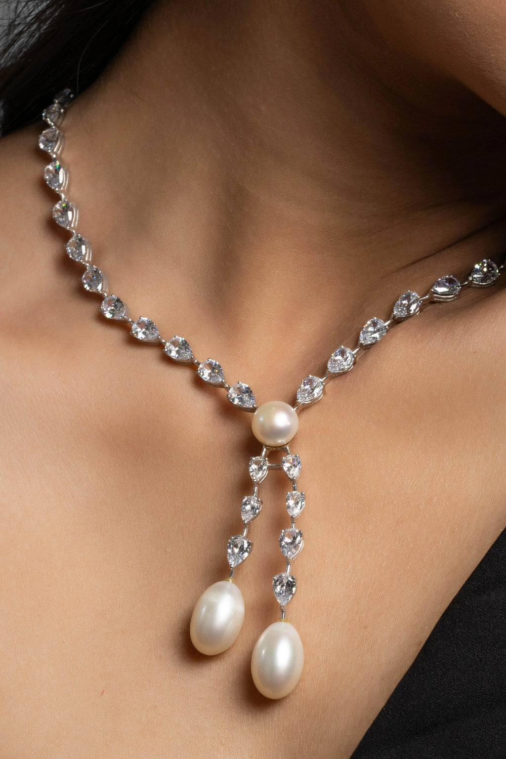 American Diamond with Pearl Drop Sterling Silver Necklace & Earrings Set - Lookandadorn.com