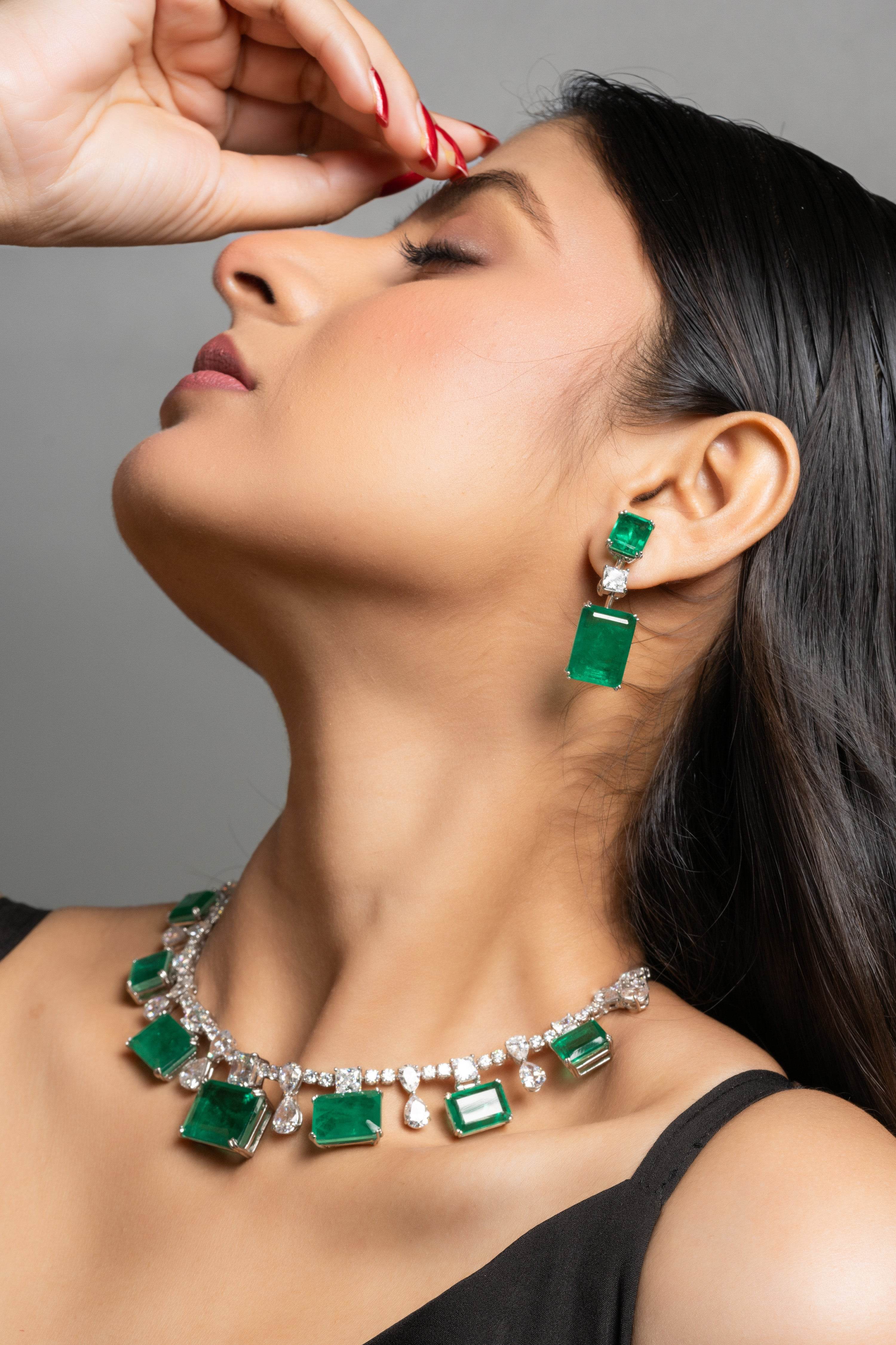 Green Doublet American Diamond Sterling Silver Necklace & Earrings Set - Lookandadorn.com
