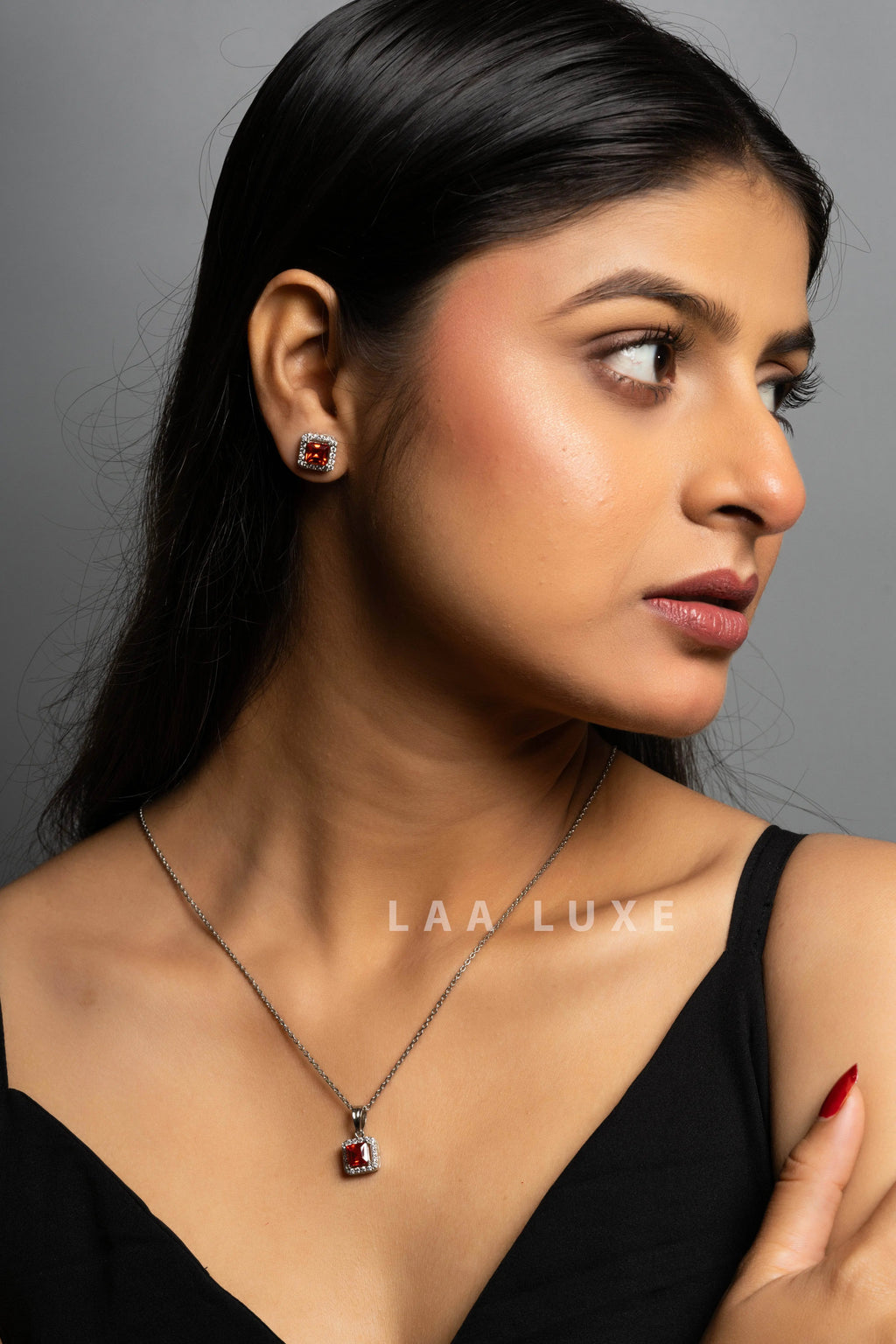 Orange Sapphire American Diamond Sterling Silver Necklace Set - Lookandadorn.com