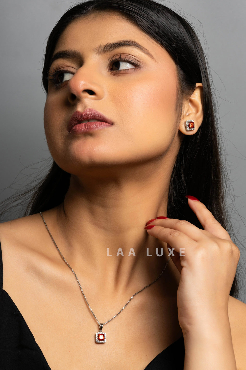 Orange Sapphire American Diamond Sterling Silver Necklace Set - Lookandadorn.com