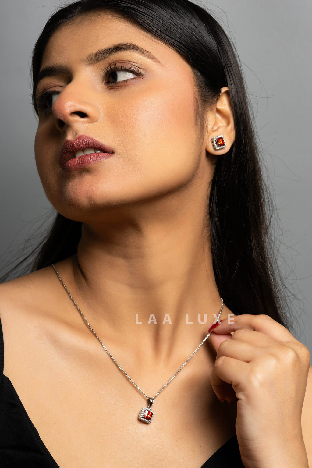 Orange Sapphire American Diamond Sterling Silver Necklace Set - Lookandadorn.com
