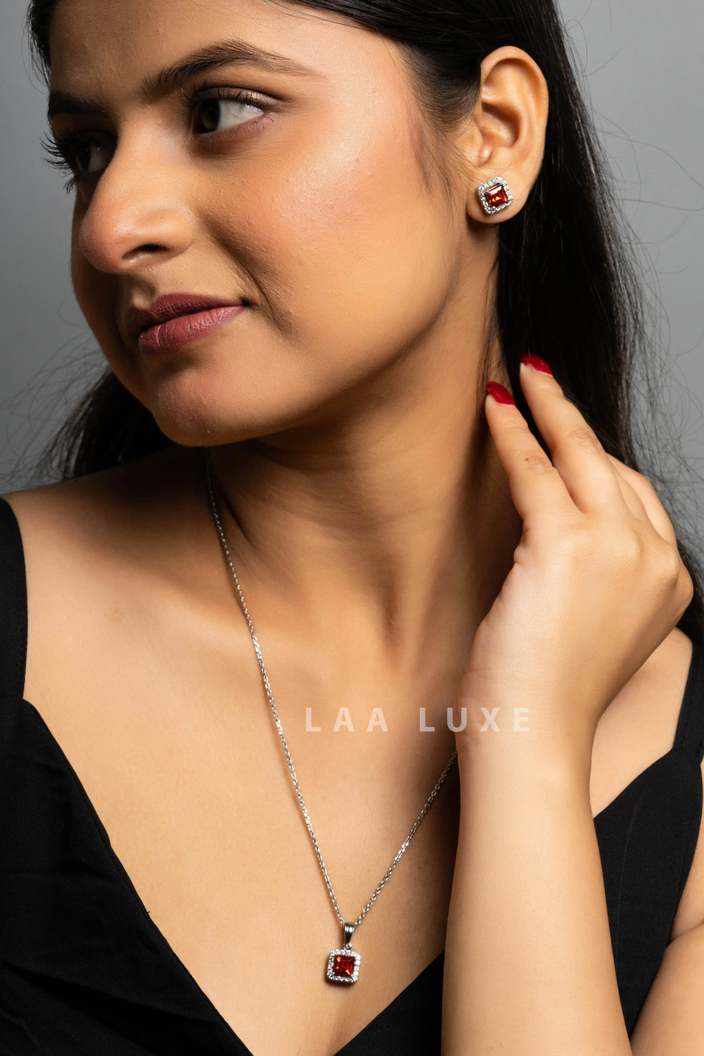 Orange Sapphire American Diamond Sterling Silver Necklace Set - Lookandadorn.com