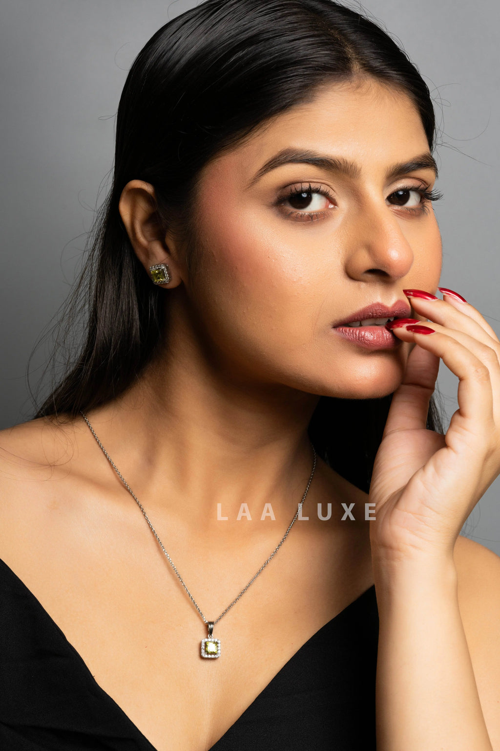 Green Peridot American Diamond Sterling Silver Necklace Set - Lookandadorn.com