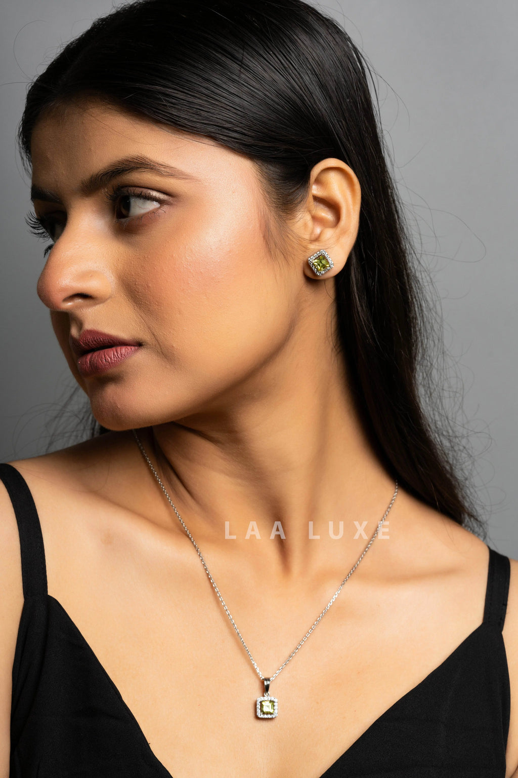 Green Peridot American Diamond Sterling Silver Necklace Set - Lookandadorn.com