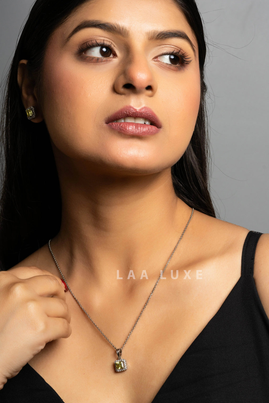 Green Peridot American Diamond Sterling Silver Necklace Set - Lookandadorn.com