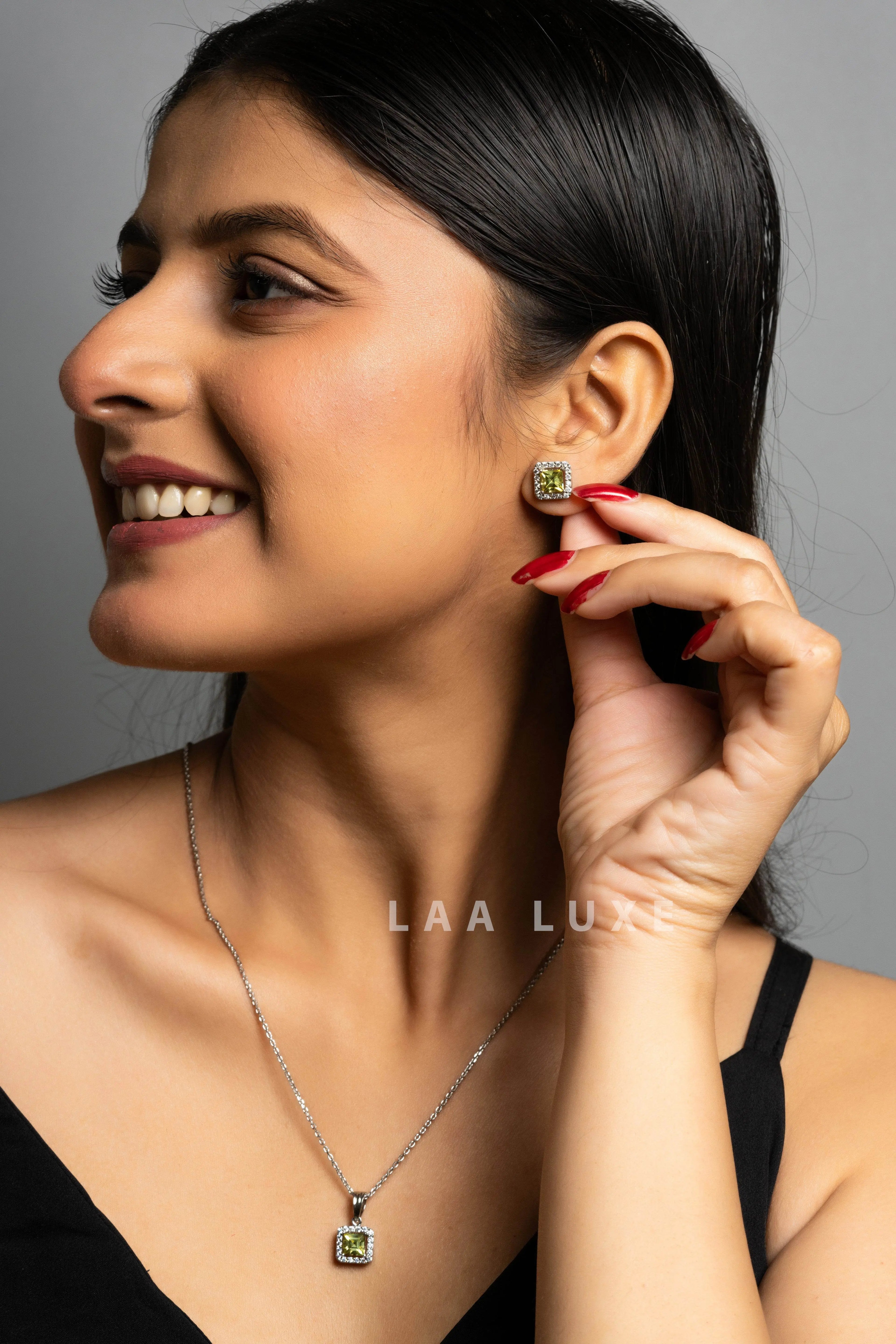 Green Peridot American Diamond Sterling Silver Necklace Set - Lookandadorn.com