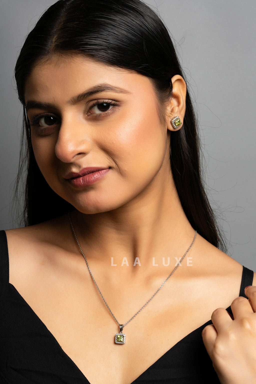 Green Peridot American Diamond Sterling Silver Necklace Set - Lookandadorn.com