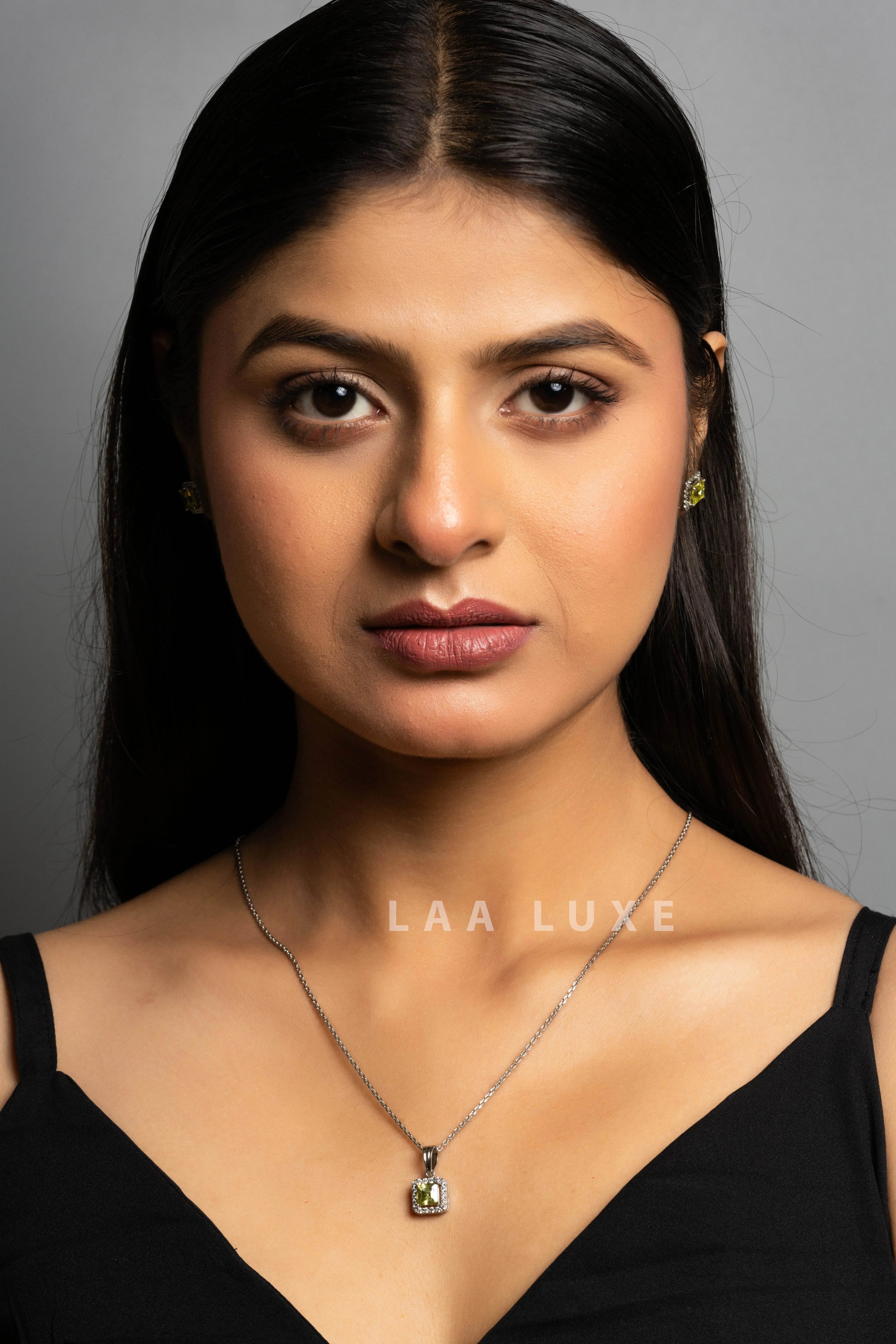 Green Peridot American Diamond Sterling Silver Necklace Set - Lookandadorn.com