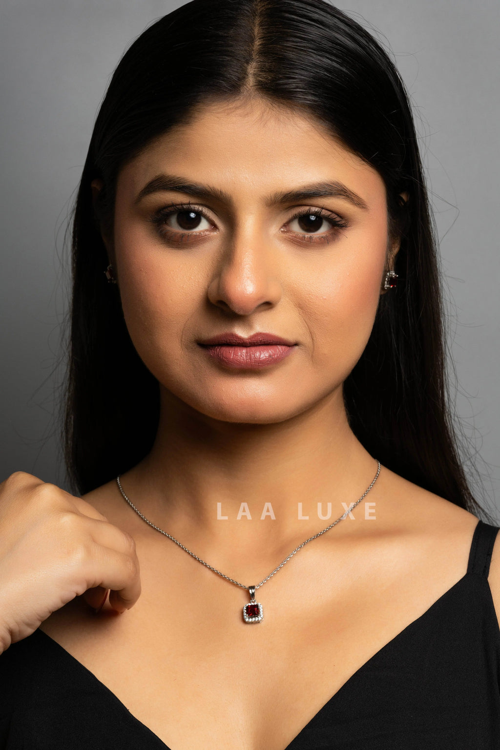 Garnet Red American Diamond Sterling Silver Necklace Set - Lookandadorn.com