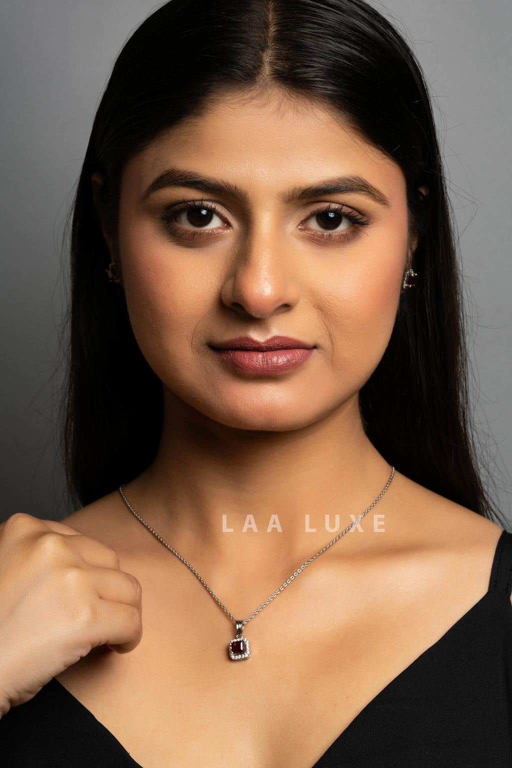 Garnet Red American Diamond Sterling Silver Necklace Set - Lookandadorn.com