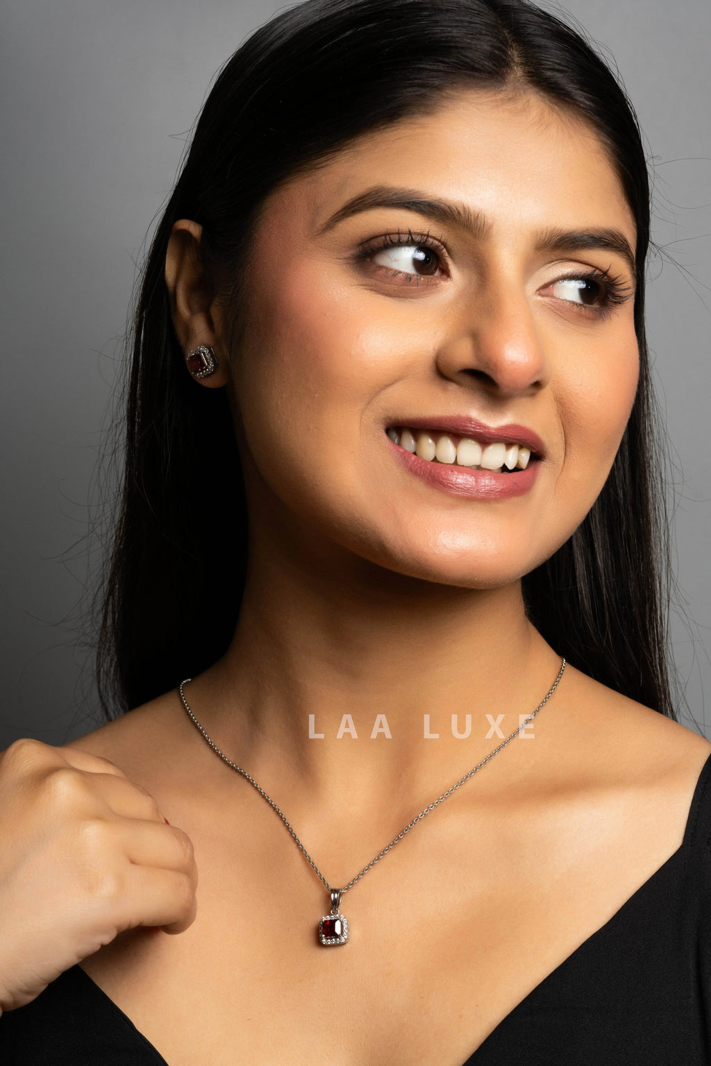 Garnet Red American Diamond Sterling Silver Necklace Set - Lookandadorn.com