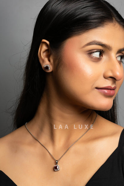Garnet Red American Diamond Sterling Silver Necklace Set - Lookandadorn.com