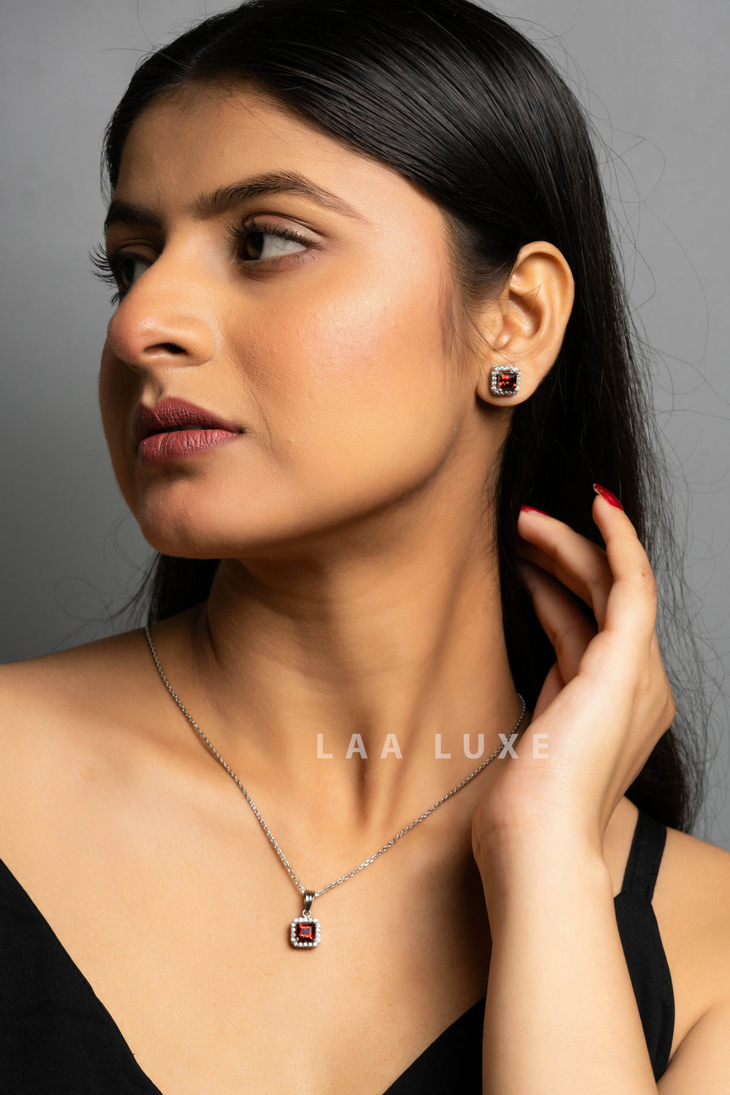 Garnet Red American Diamond Sterling Silver Necklace Set - Lookandadorn.com